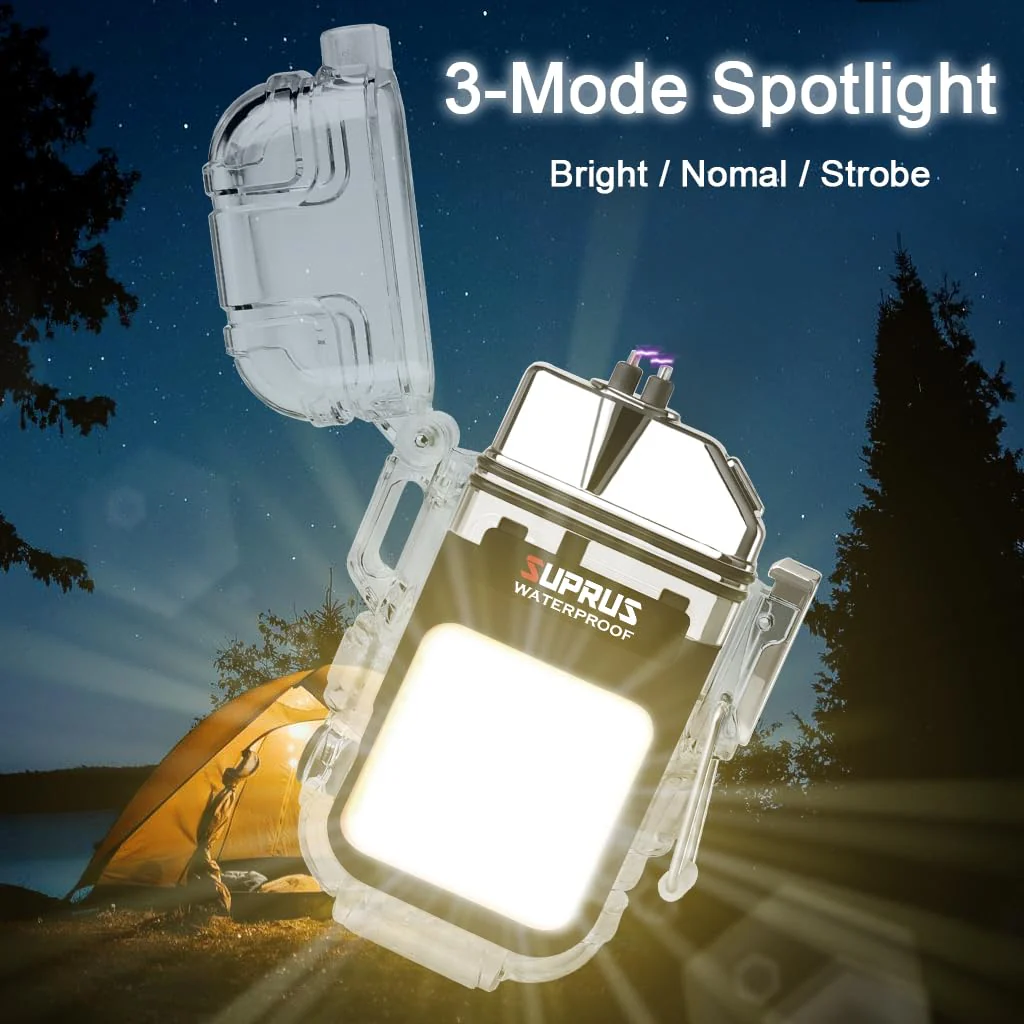 SUPRUS Waterproof 3 Modes of Flashlight Windproof Lighter Dual Arc Electric Rechargeable Dual Arc Plasma Lighter with Survival Emergency Whistle and Lanyard (Black, 2Packs) - Image 6