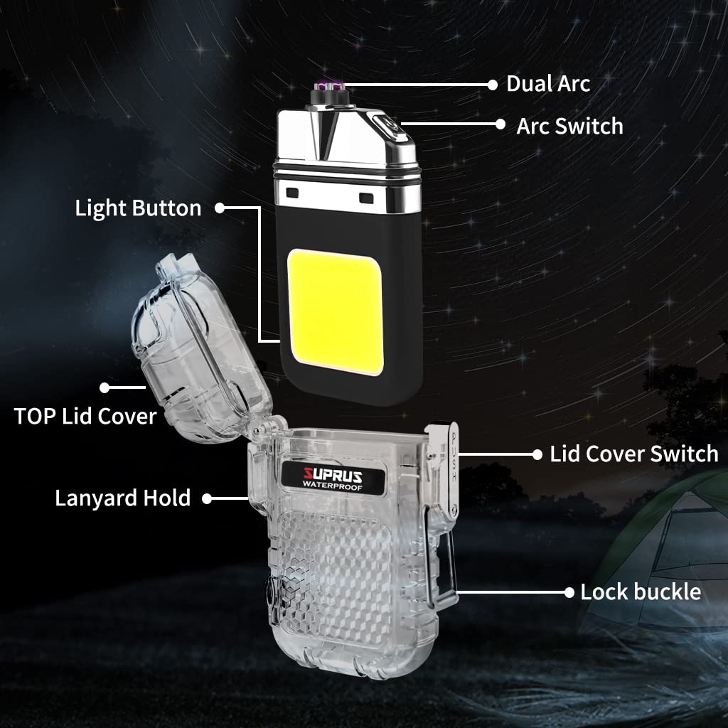 SUPRUS Waterproof 3 Modes of Flashlight Windproof Lighter Dual Arc Electric Rechargeable Dual Arc Plasma Lighter with Survival Emergency Whistle and Lanyard (Black, 2Packs) - Image 7