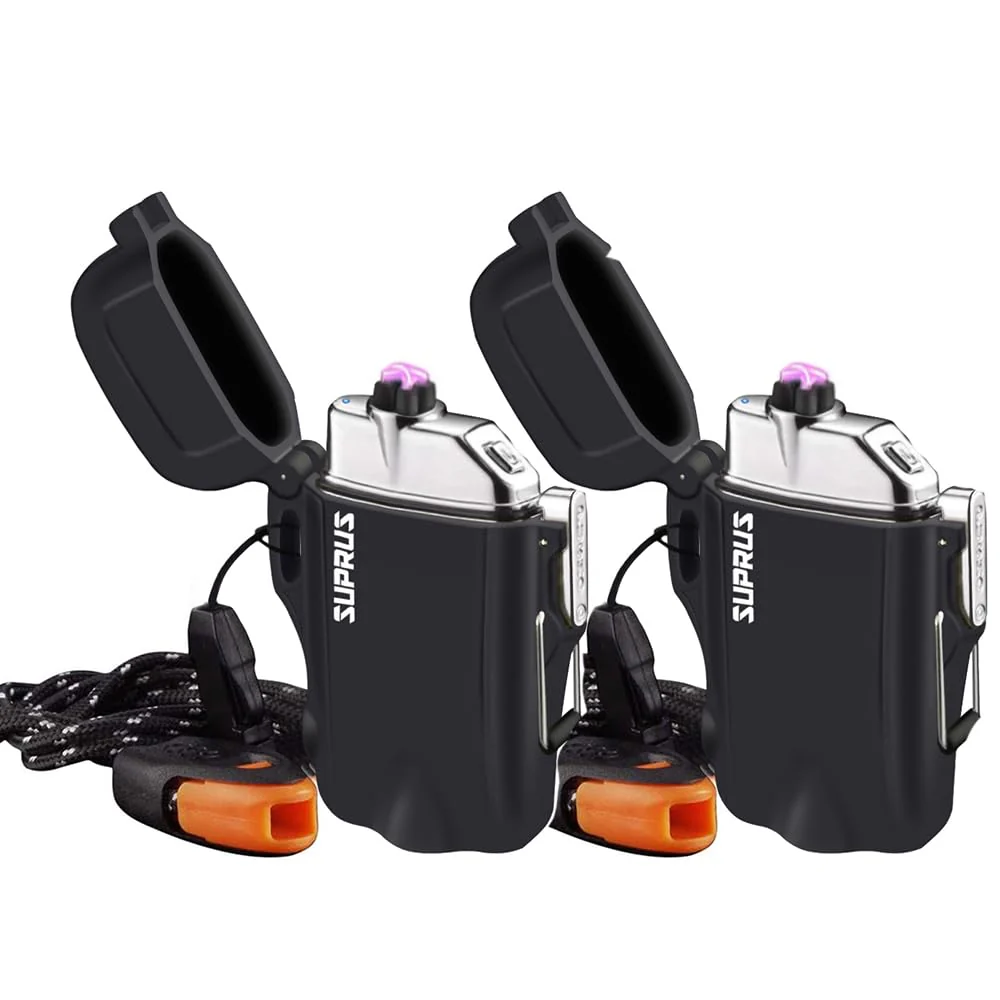 SUPRUS Waterproof 3 Modes of Flashlight Windproof Lighter Dual Arc Electric Rechargeable Dual Arc Plasma Lighters with Survival Emergency Whistle and Lanyard (Black,2 Packs)
