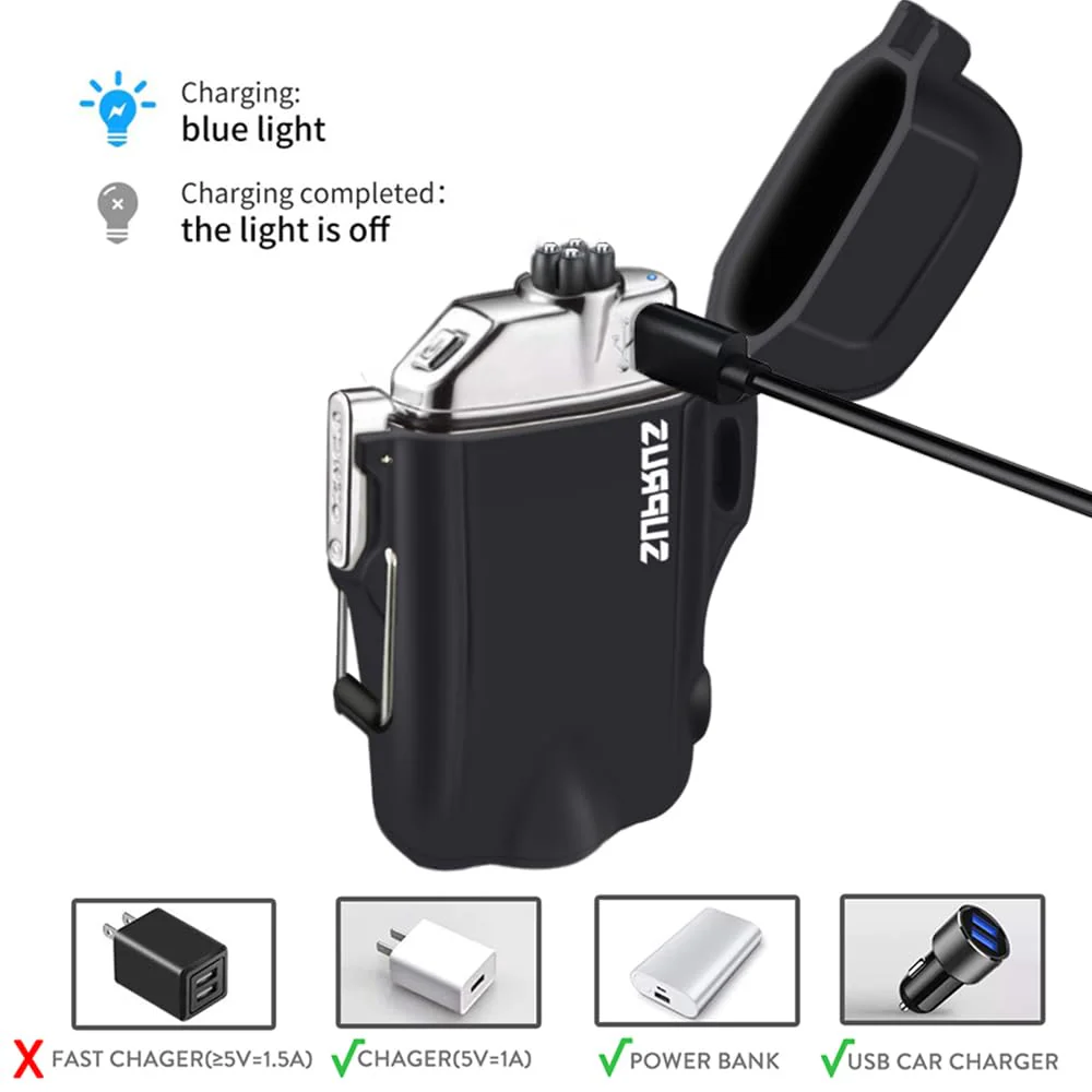 SUPRUS Waterproof 3 Modes of Flashlight Windproof Lighter Dual Arc Electric Rechargeable Dual Arc Plasma Lighters with Survival Emergency Whistle and Lanyard (Black,2 Packs) - Image 4