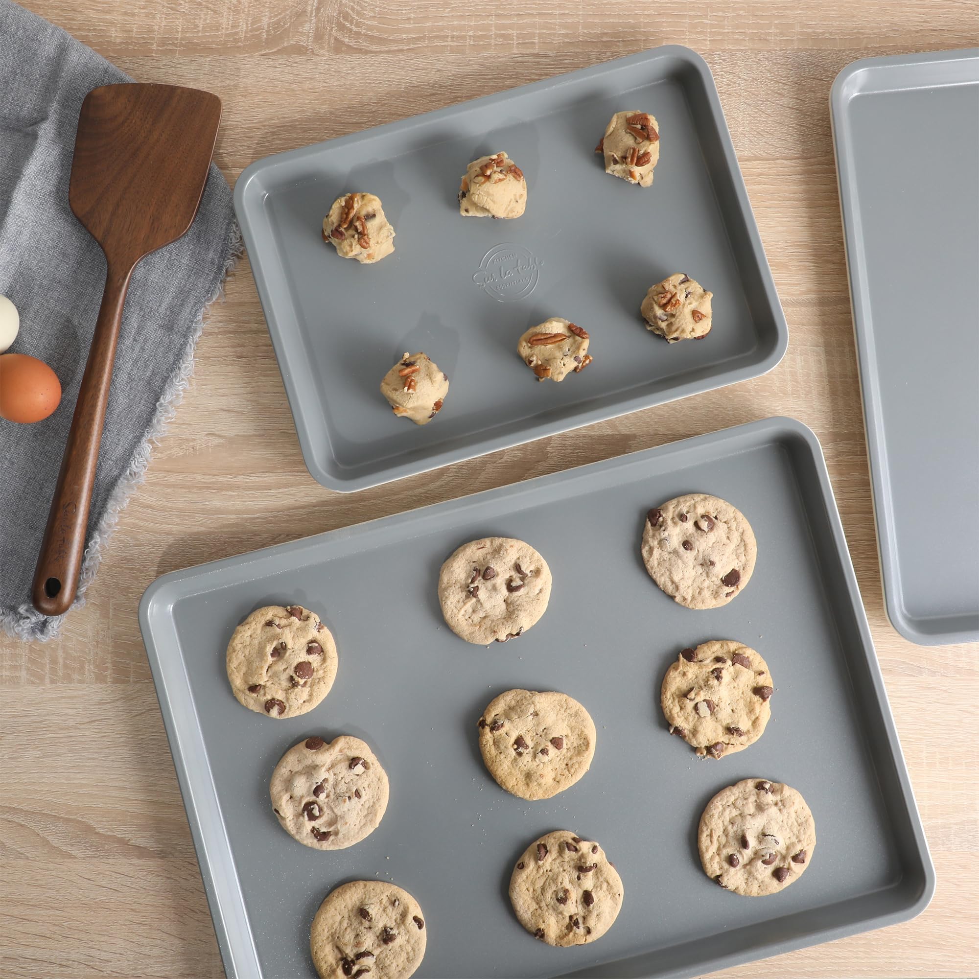 Sur La Table Kitchen Essentials Bake Sale 3-Piece Cookie Sheet Set – Nonstick Carbon Steel Baking Pans (13, 15, 18 Inch) – Grey Easy-Clean Oven Trays for Cookies, Roasting & More - Image 3