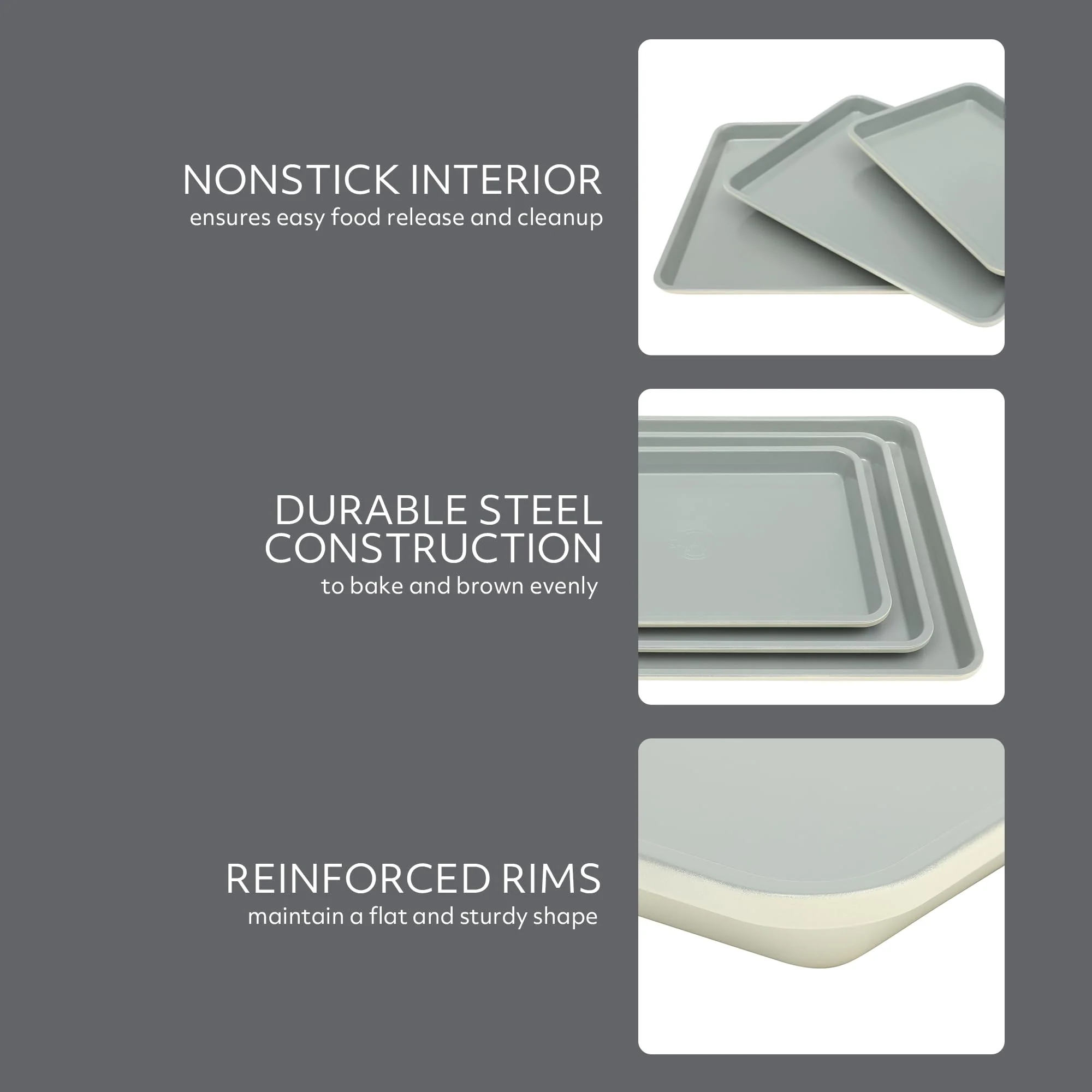 Sur La Table Kitchen Essentials Bake Sale 3-Piece Cookie Sheet Set – Nonstick Carbon Steel Baking Pans (13, 15, 18 Inch) – Grey Easy-Clean Oven Trays for Cookies, Roasting & More - Image 5