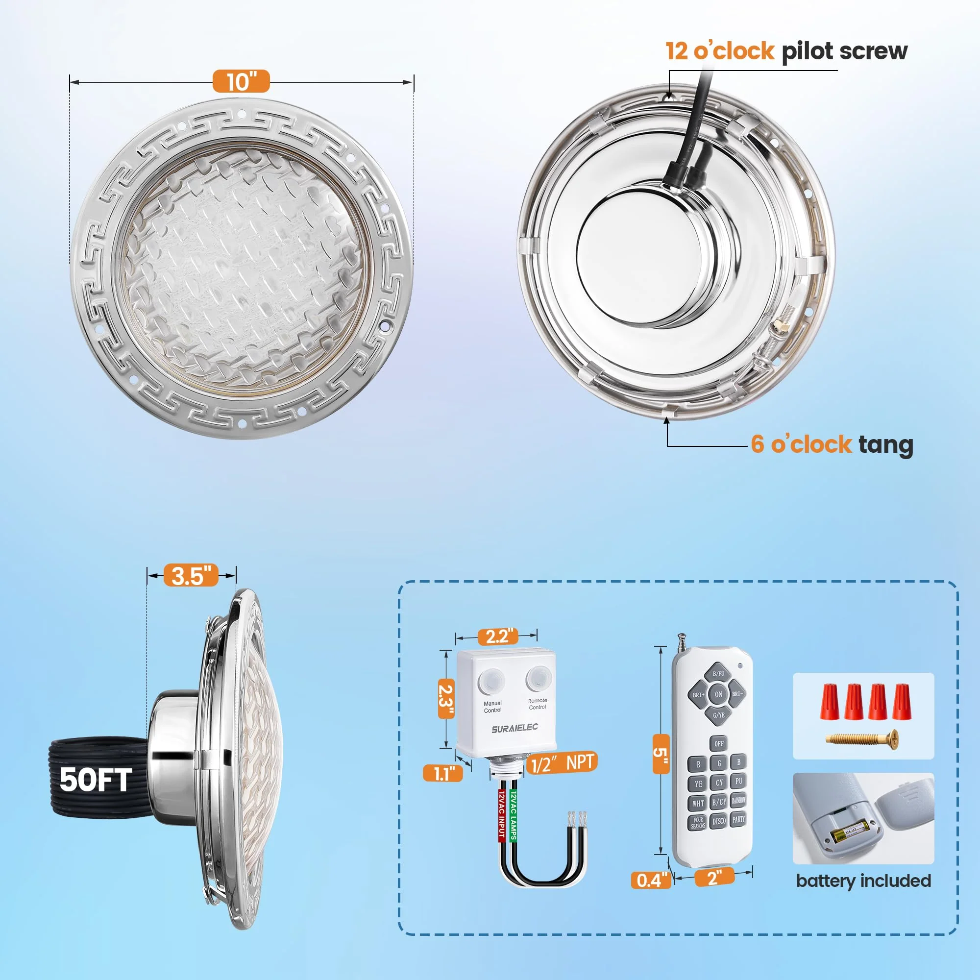 SURAIELEC 12V AC Pool Lights for Inground Pool, 10 inch Color Changing LED Pool Light with Remote Control, 300W Equivalent, Underwater Swimming Pool Light Fixture for Large Wet Niches, 50FT - Image 2