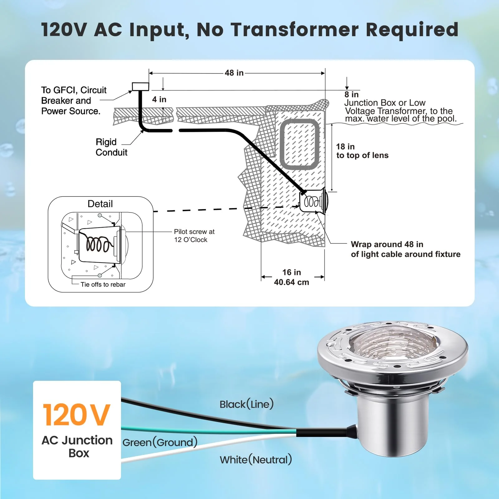 SURAIELEC 6 Inch Small LED Spa Light for Inground Pool, 120V AC 10W Underwater Pool Light, Cool White 6000K, Fits Pentair and Hayward Wet Niches, IP68 Waterproof, 50 FT Cord - Image 5
