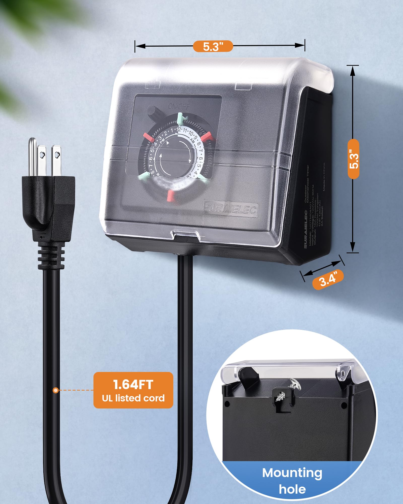 SURAIELEC Mechanical Pool Timer for Above Ground Pools, NEMA 5-15R Plug-in 24-Hour Timer with Dual Outlets, 15A 125V 1HP, Up to 3 Daily Settings, Weatherproof Cover for Pool Pumps, Outdoor Lighting - Image 3