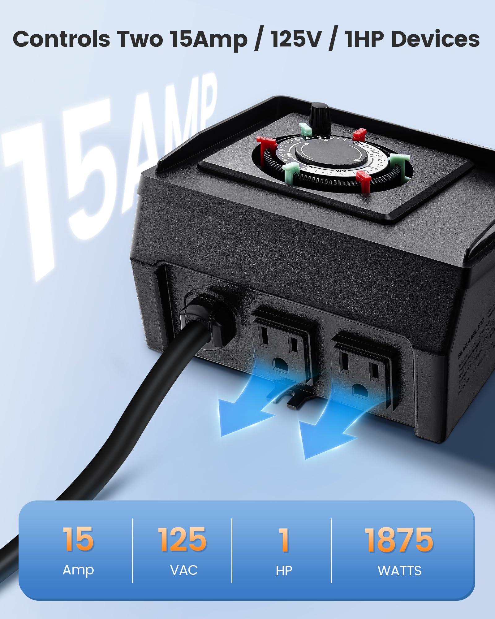 SURAIELEC Mechanical Pool Timer for Above Ground Pools, NEMA 5-15R Plug-in 24-Hour Timer with Dual Outlets, 15A 125V 1HP, Up to 3 Daily Settings, Weatherproof Cover for Pool Pumps, Outdoor Lighting - Image 6