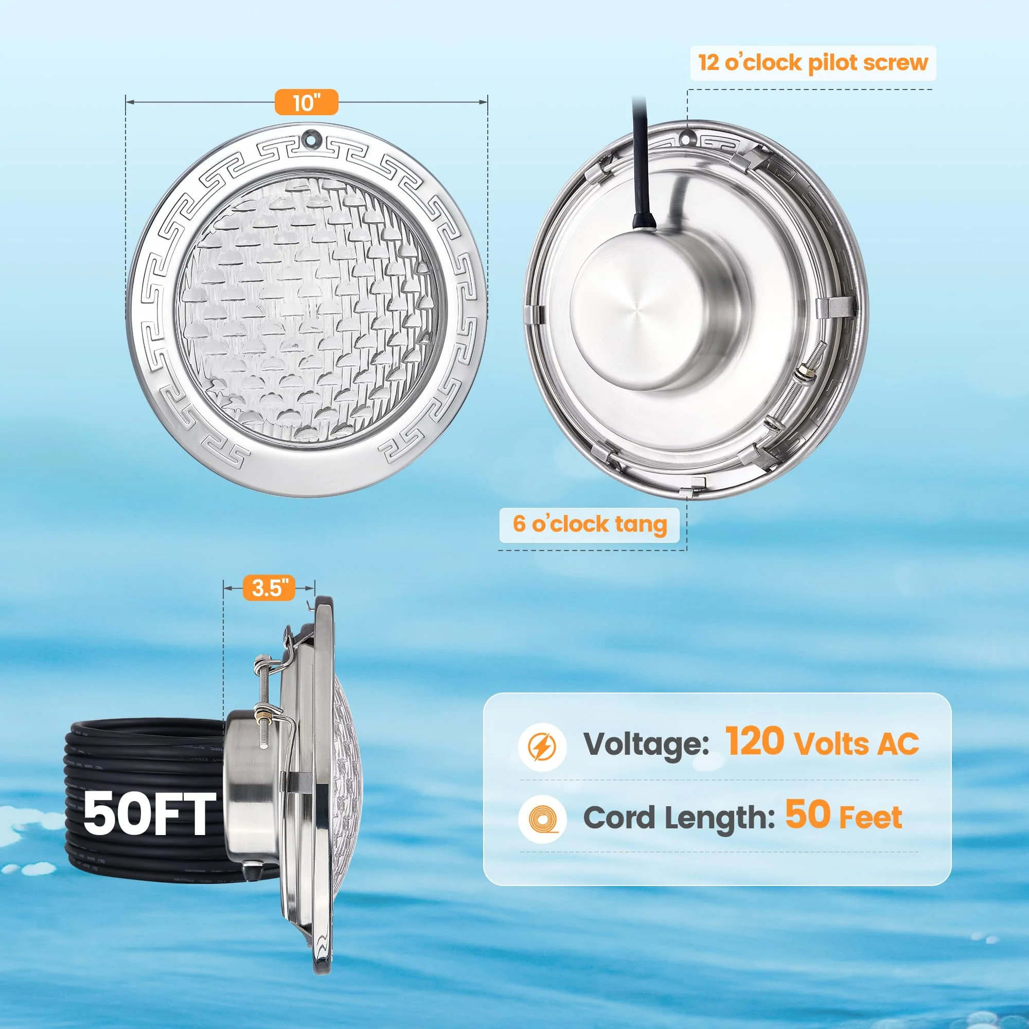 SURAIELEC Pool Lights for Inground Pool, 10 Inch 120V LED Underwater Light, 35W (300W Equivalent), 4000LM, Cool White 6000K, Fits 10" Large Wet Niches, Stainless Steel Housing, 50FT Cord - Image 2