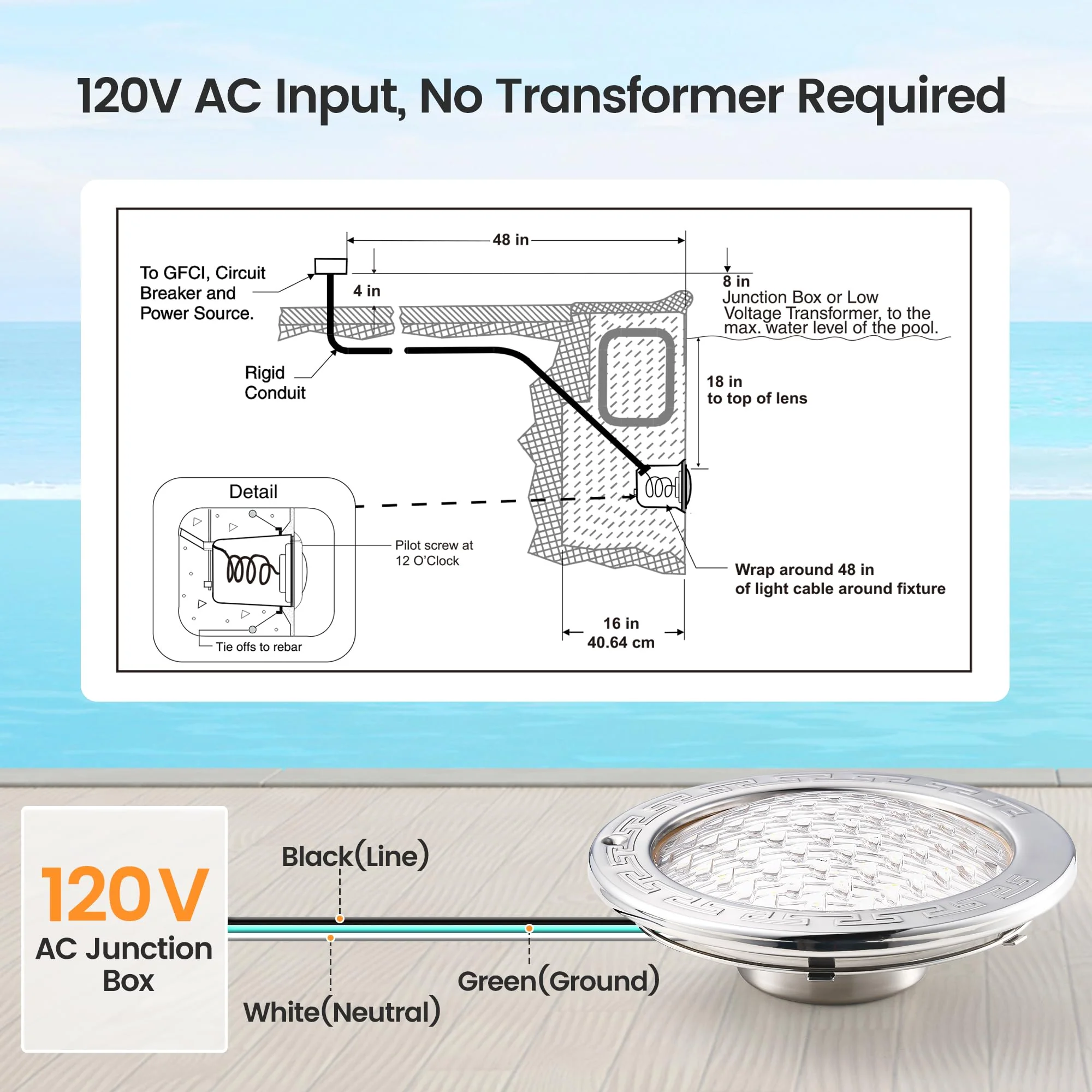 SURAIELEC Pool Lights for Inground Pool, 10 Inch 120V LED Underwater Light, 35W (300W Equivalent), 4000LM, Cool White 6000K, Fits 10" Large Wet Niches, Stainless Steel Housing, 50FT Cord - Image 3
