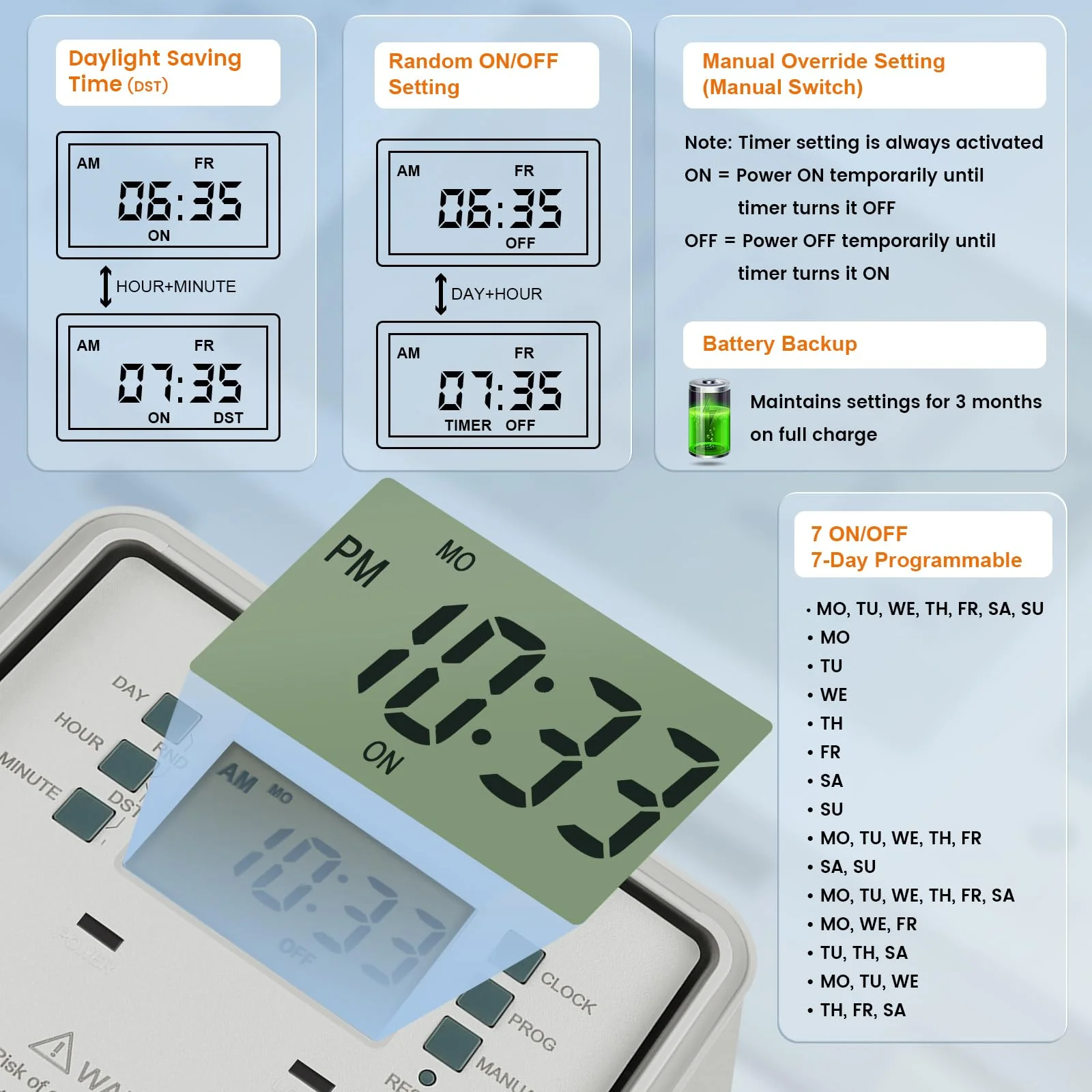 SURAIELEC Pool Timer, 7-Day Digital Pump Timer Switch, 40 AMP Heavy Duty, 120/240/277 VAC, 2HP Programmable Switch Box for Swimming Pool, Hot Water Heater, Lights, Outdoor/Indoor Use - Image 6