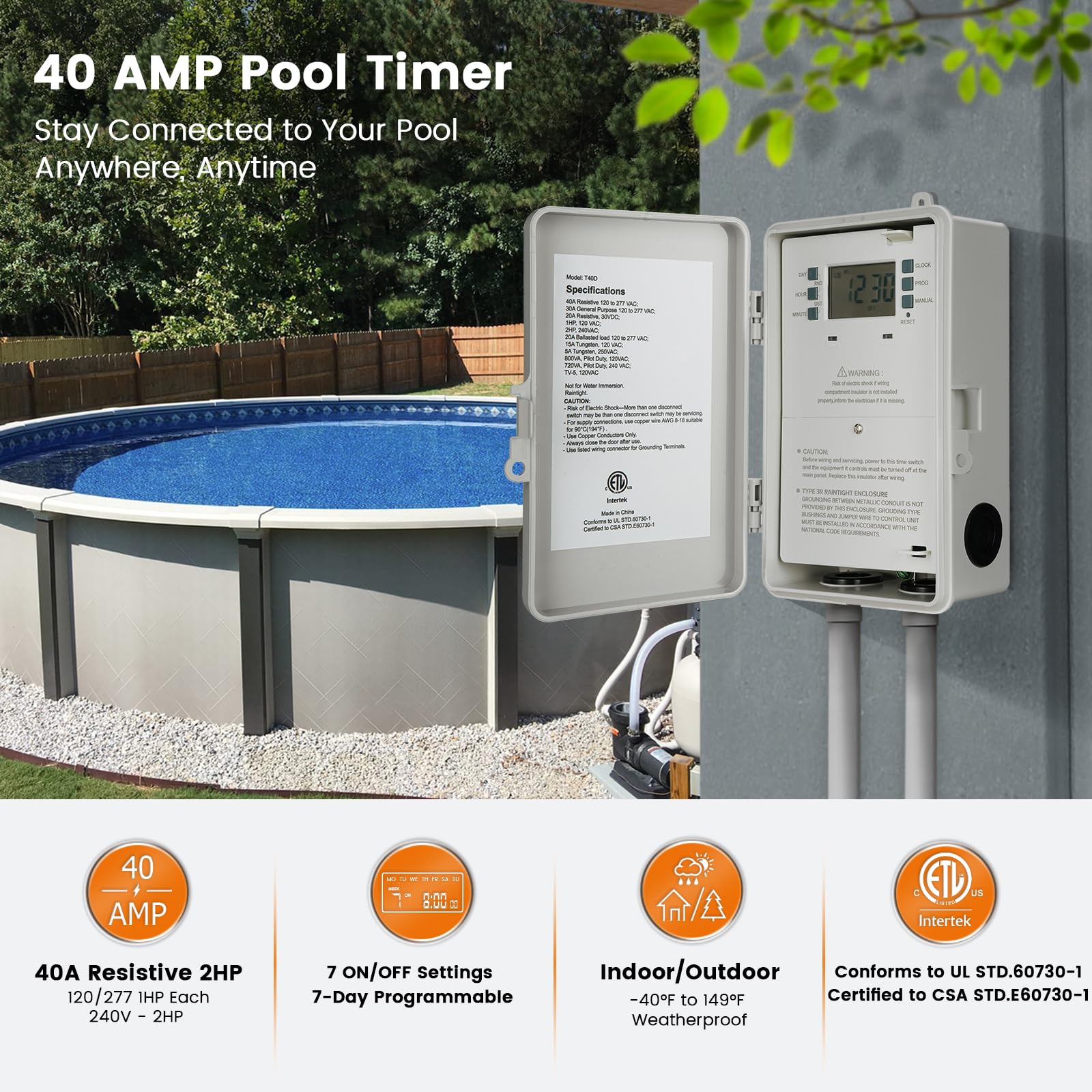 SURAIELEC Pool Timer, 7-Day Digital Pump Timer Switch, 40 AMP Heavy Duty, 120/240/277 VAC, 2HP Programmable Switch Box for Swimming Pool, Hot Water Heater, Lights, Outdoor/Indoor Use - Image 7
