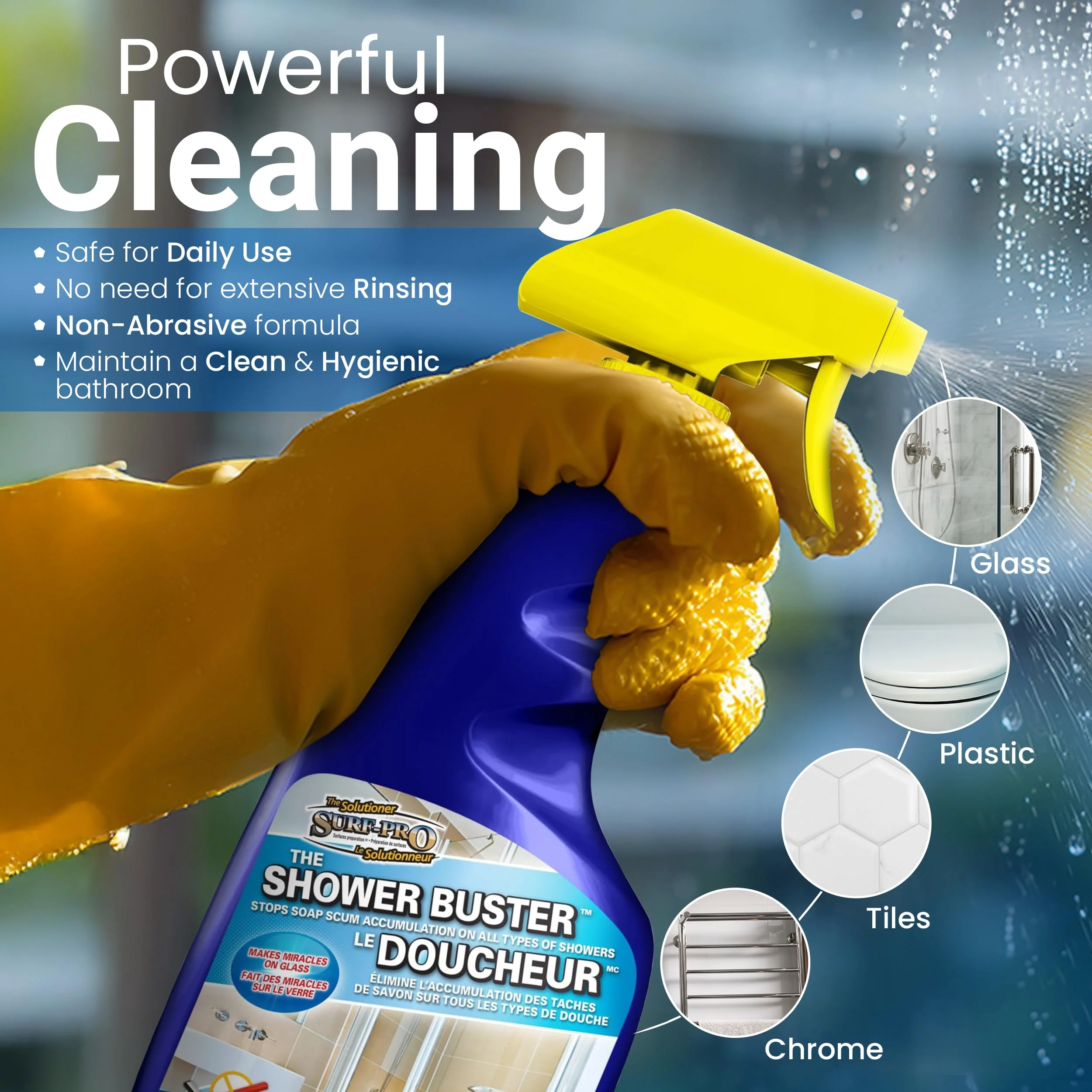 SURF PRO Shower Glass Door Cleaner – Shower Buster Spray for Soap Scum & Hard Water Stains – No Scrub Bathroom Cleaner for Glass, Tile, Chrome, Ceramic, RV and Septic Safe (500ml / 16.9oz) - Image 3