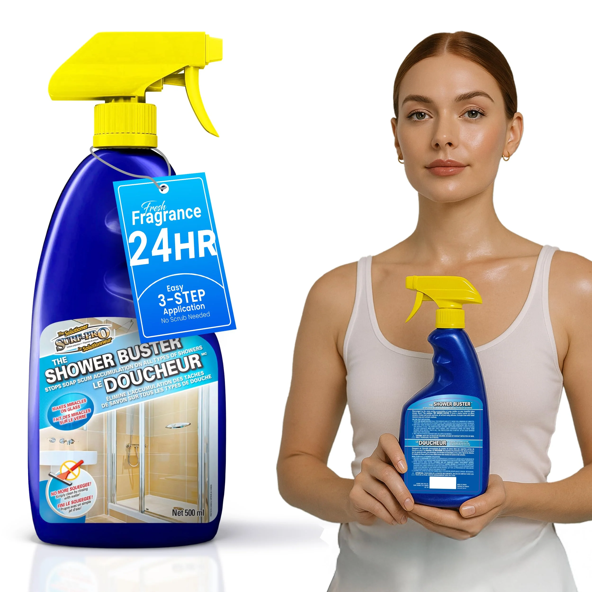 SURF PRO Shower Glass Door Cleaner – Shower Buster Spray for Soap Scum & Hard Water Stains – No Scrub Bathroom Cleaner for Glass, Tile, Chrome, Ceramic, RV and Septic Safe (500ml / 16.9oz) - Image 4