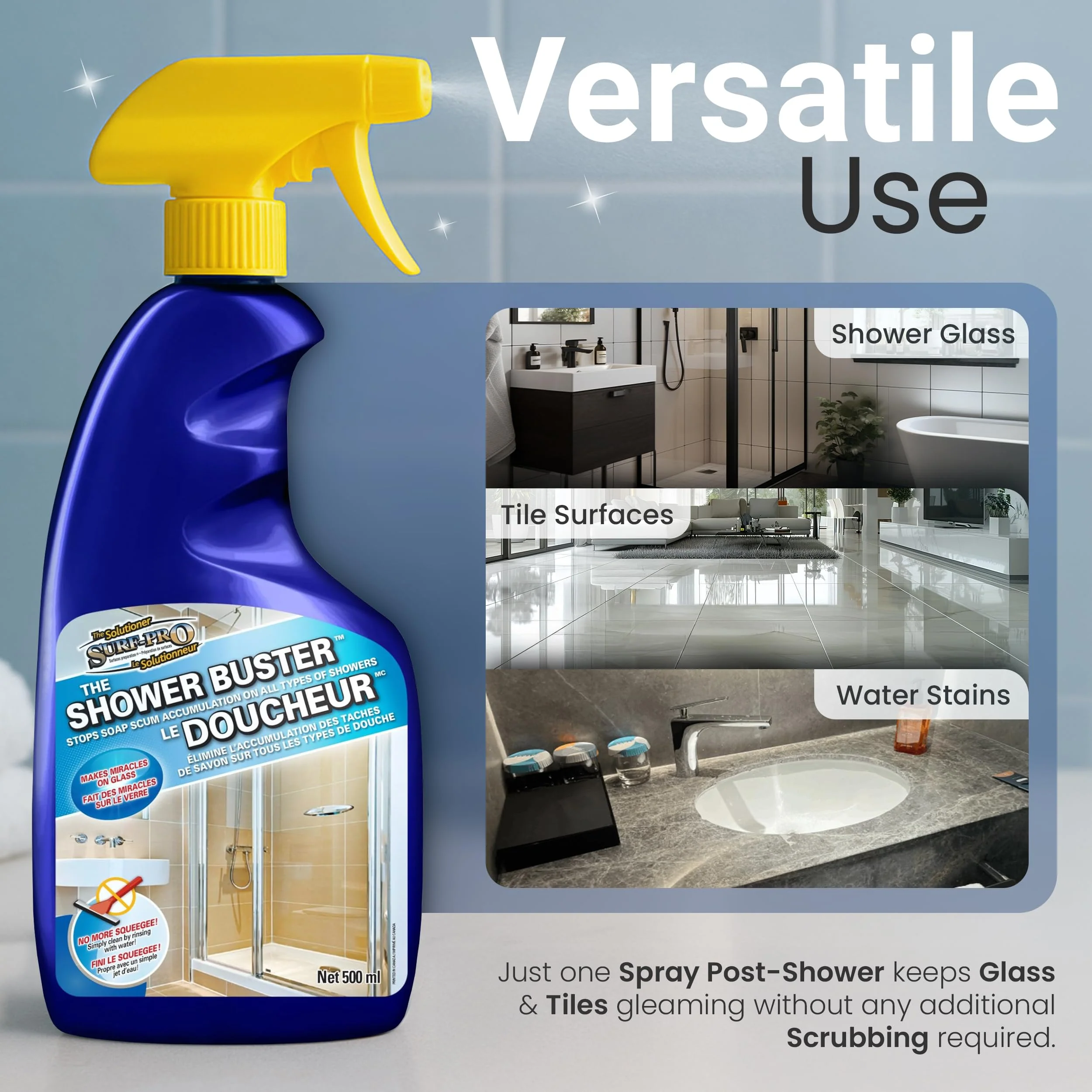 SURF PRO Shower Glass Door Cleaner – Shower Buster Spray for Soap Scum & Hard Water Stains – No Scrub Bathroom Cleaner for Glass, Tile, Chrome, Ceramic, RV and Septic Safe (500ml / 16.9oz) - Image 5