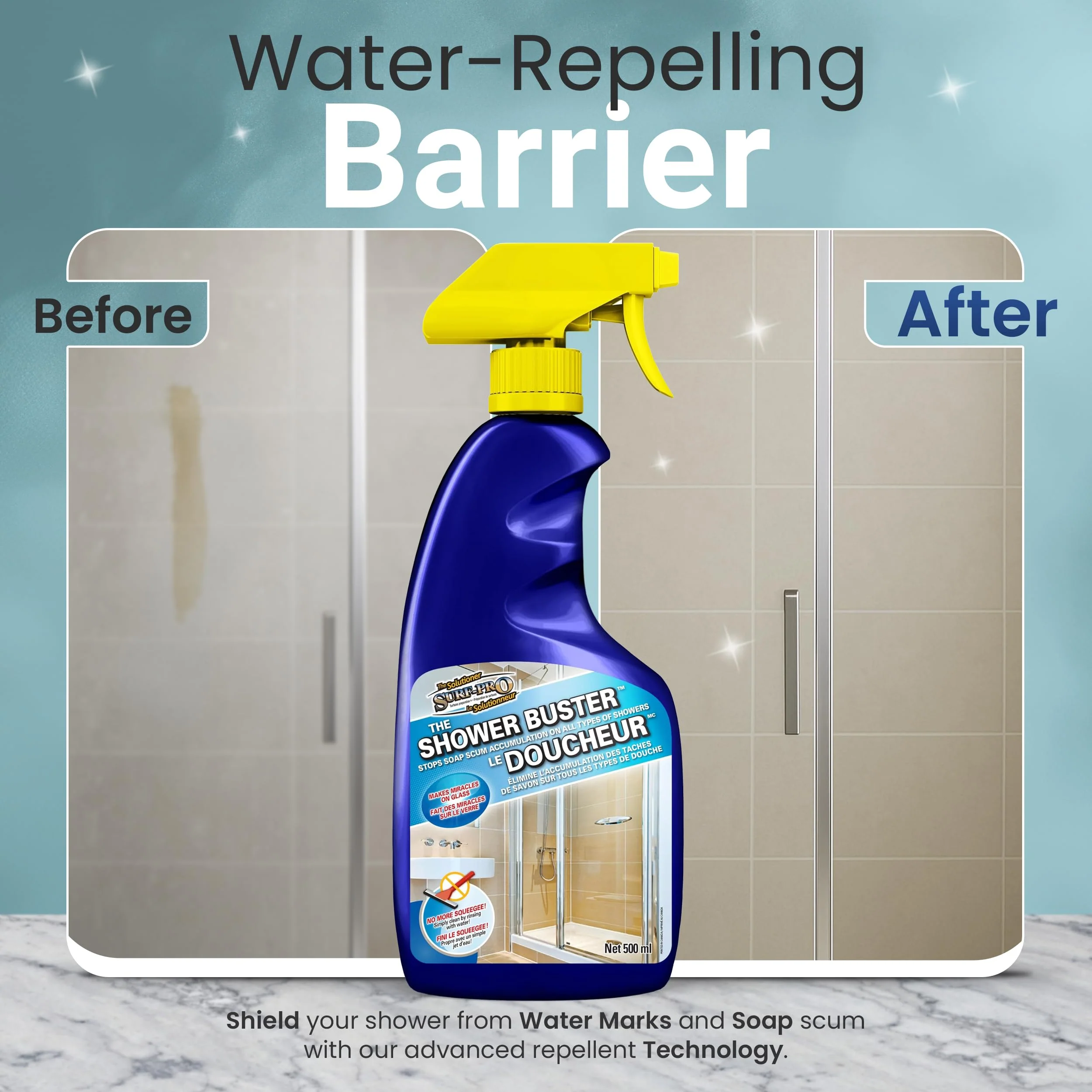 SURF PRO Shower Glass Door Cleaner – Shower Buster Spray for Soap Scum & Hard Water Stains – No Scrub Bathroom Cleaner for Glass, Tile, Chrome, Ceramic, RV and Septic Safe (500ml / 16.9oz) - Image 6
