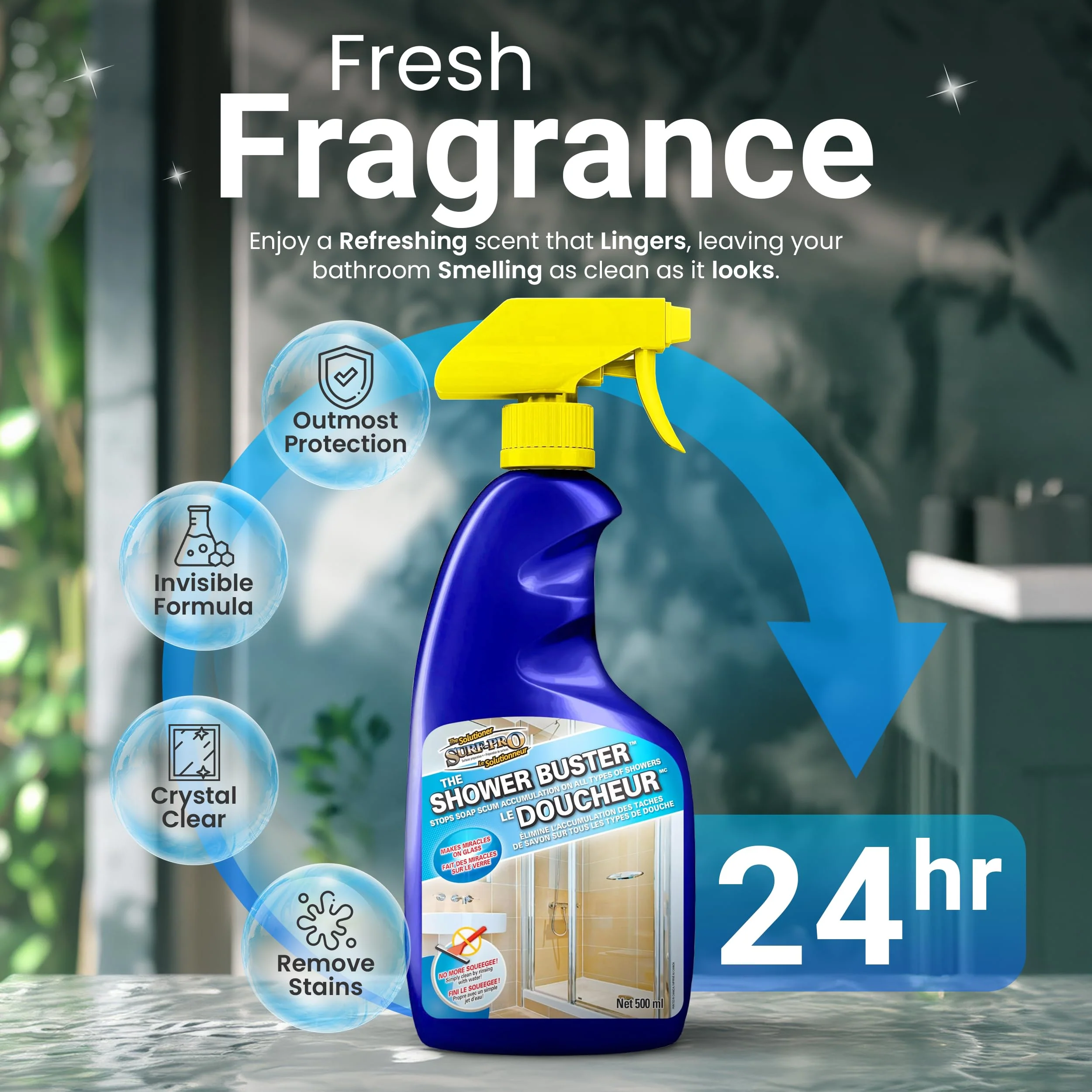 SURF PRO Shower Glass Door Cleaner – Shower Buster Spray for Soap Scum & Hard Water Stains – No Scrub Bathroom Cleaner for Glass, Tile, Chrome, Ceramic, RV and Septic Safe (500ml / 16.9oz) - Image 8