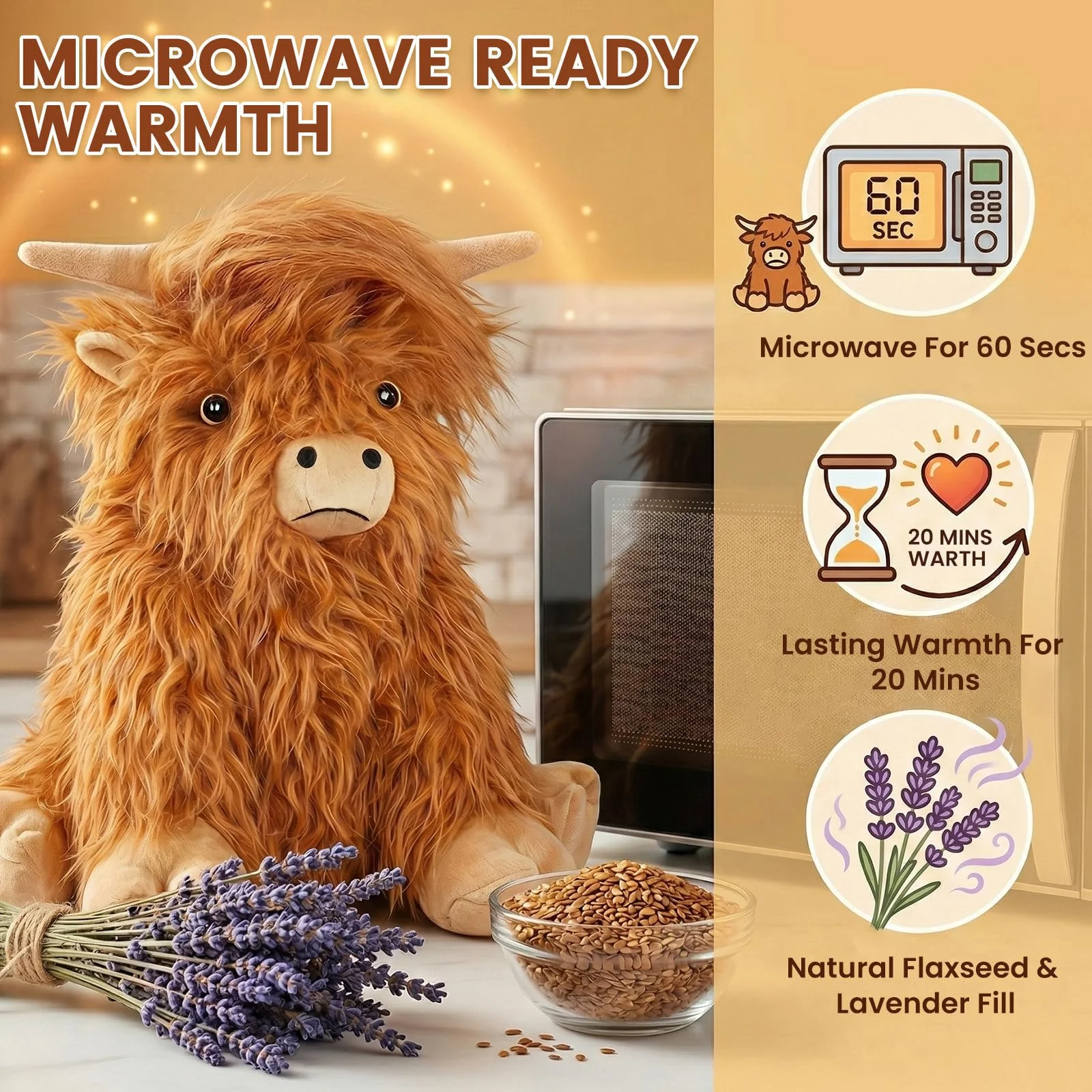 SuzziPals Heatable & Coolable Highland Cow Stuffed Animals Plushie, Microwavable Heating Pad for Soothing & Relaxation, Lavender Scented Cattle Plush Toys for Stress Relief, Stuffed Cow Gifts - Image 2