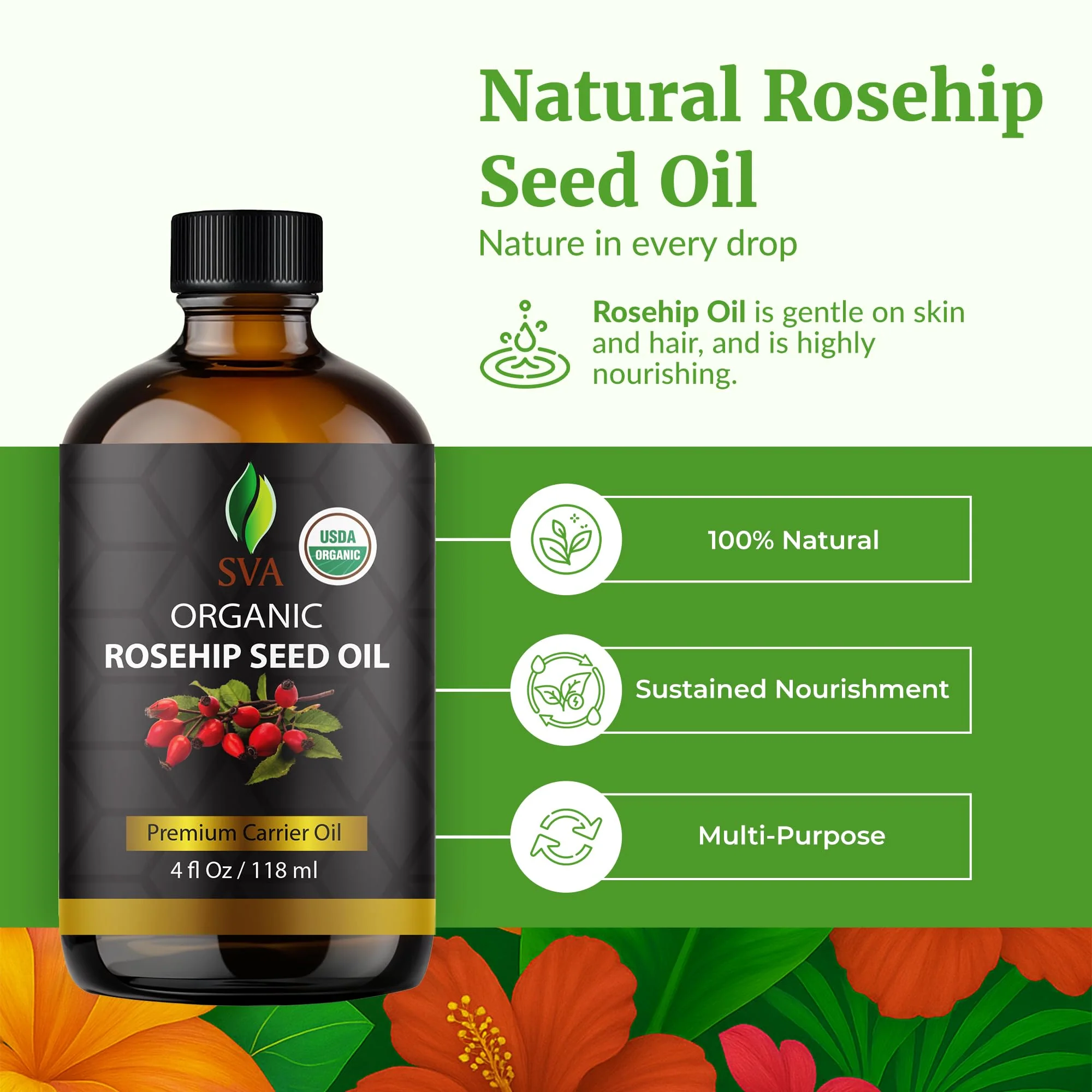 SVA Rosehip Seed Oil Organic - 4 Fl Oz – 100% Natural Cold Pressed Organic Rosehip Oil - for Face, Skin Care, Hair Care, Scalp Massage & Body Massage – Carrier Oil with Dropper - Image 2