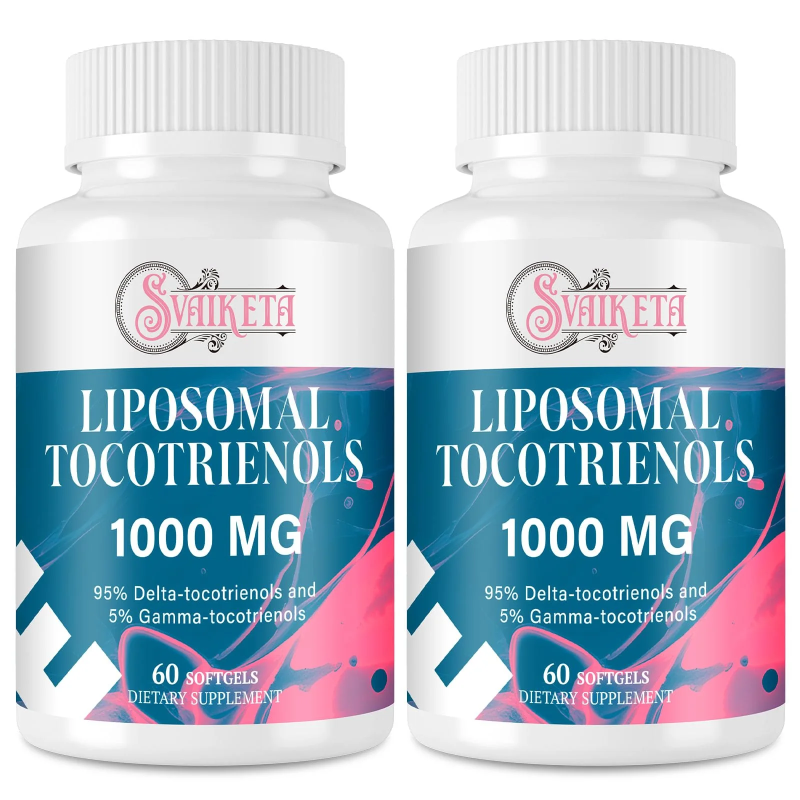 Svaiketa Liposomal Tocotrienols Supplement 1000mg, Vitamin E, Advanced Formula with 95% Delta-Tocotrienols & 5% Gamma-Tocotrienols - 60 Softgels (2 Bottles)