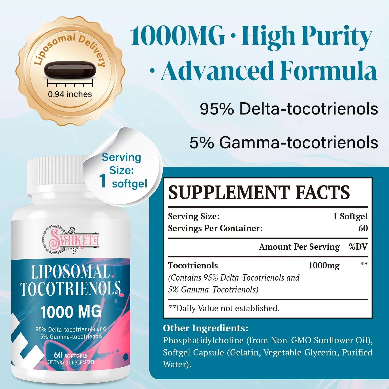 Svaiketa Liposomal Tocotrienols Supplement 1000mg, Vitamin E, Advanced Formula with 95% Delta-Tocotrienols & 5% Gamma-Tocotrienols - 60 Softgels (2 Bottles) - Image 7