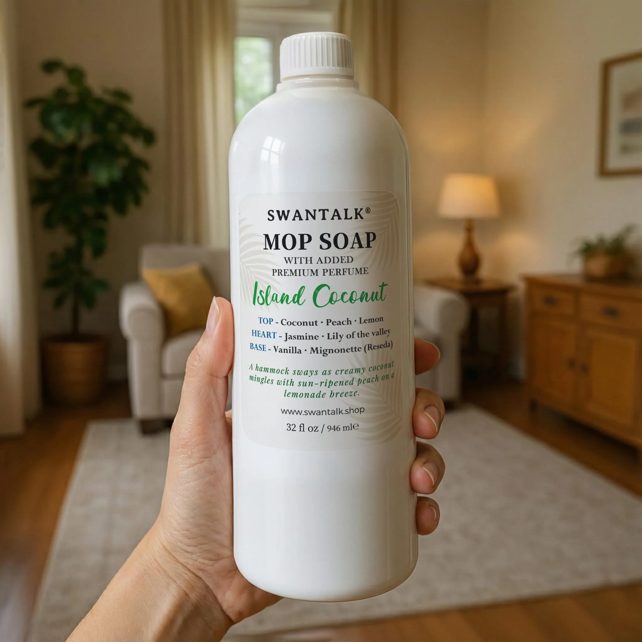 SWANTALK Mop Soap with Long Lasting Premium Perfume, 4X Concentrated Floor Cleaner, Multi Surface Solution for Hardwood, Tile, LVP, Laminate, Pet Friendly, 32 fl oz (Island Coconut) - Image 9