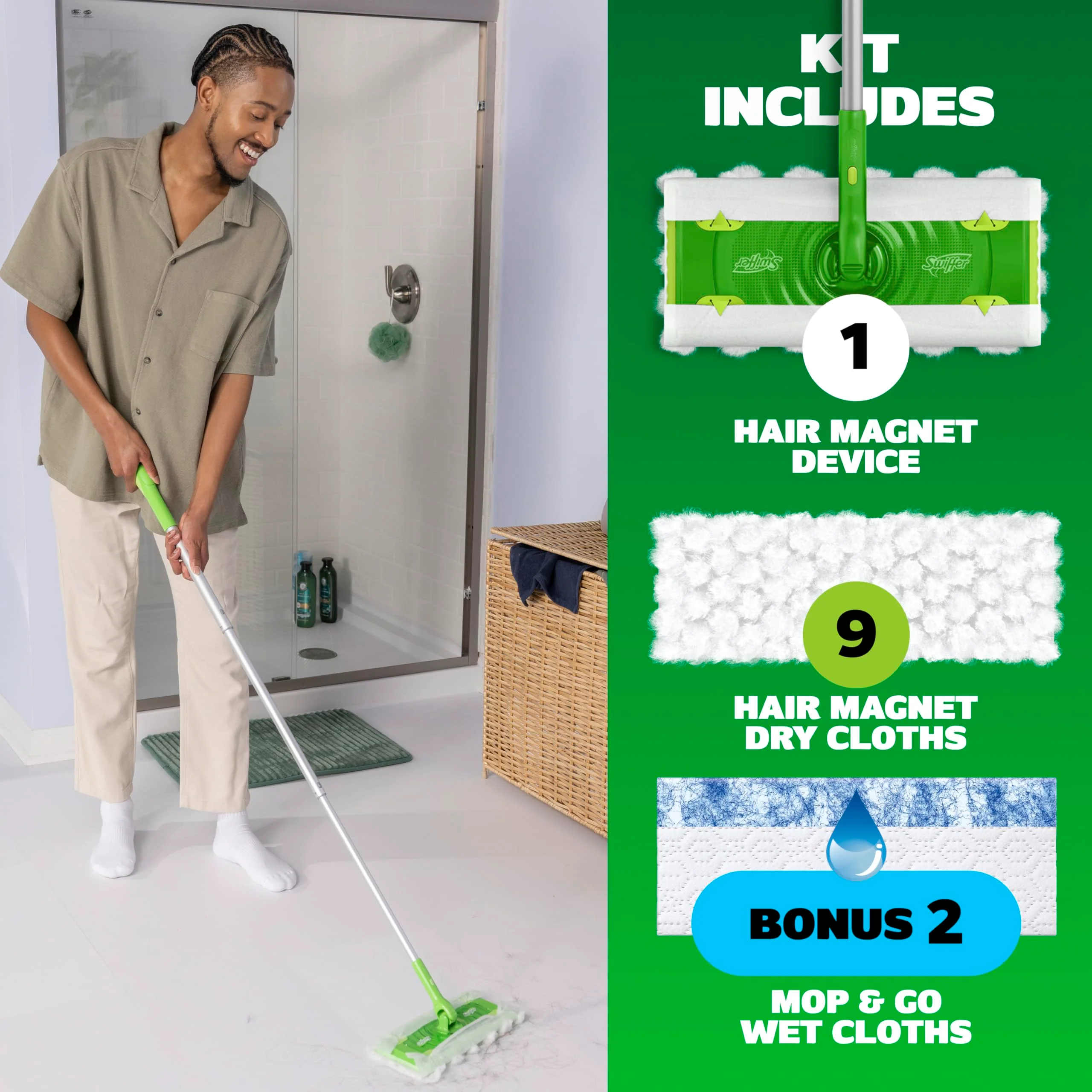 Swiffer Hair Magnet Deluxe Starter Kit with Collapsible Pole, 9 Hair Magnet Dry Cloths, 2 Bonus Mop & Go Wet Cloths - Image 5