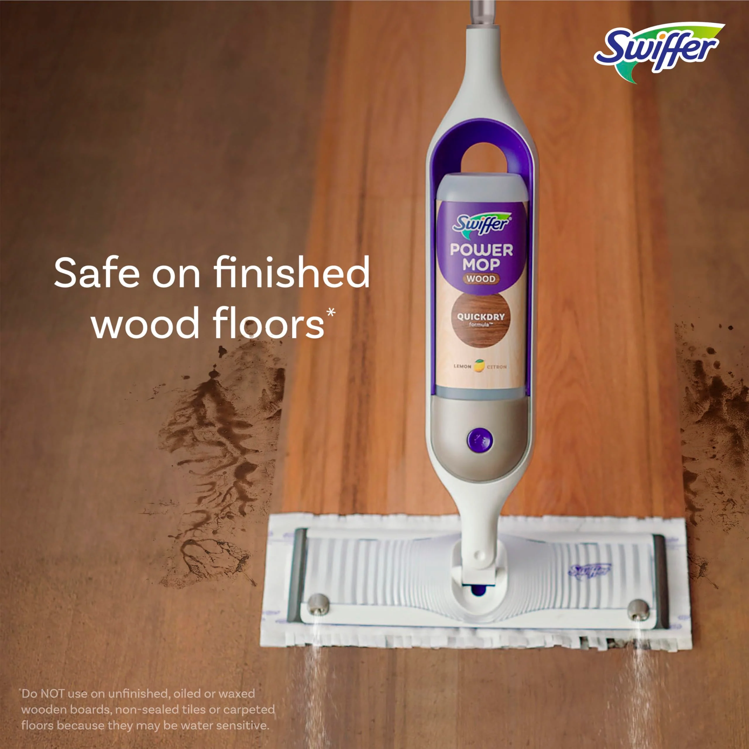 Swiffer Power Mop Wood, Hardwood Floor Cleaner for Mopping Home, Bathroom, Kitchen, All Purpose Multi-Surface Cleaning Set includes PowerMop Wood, 2 Pads, 1 QuickDry Lemon Solution, & 2 Batteries - Image 4
