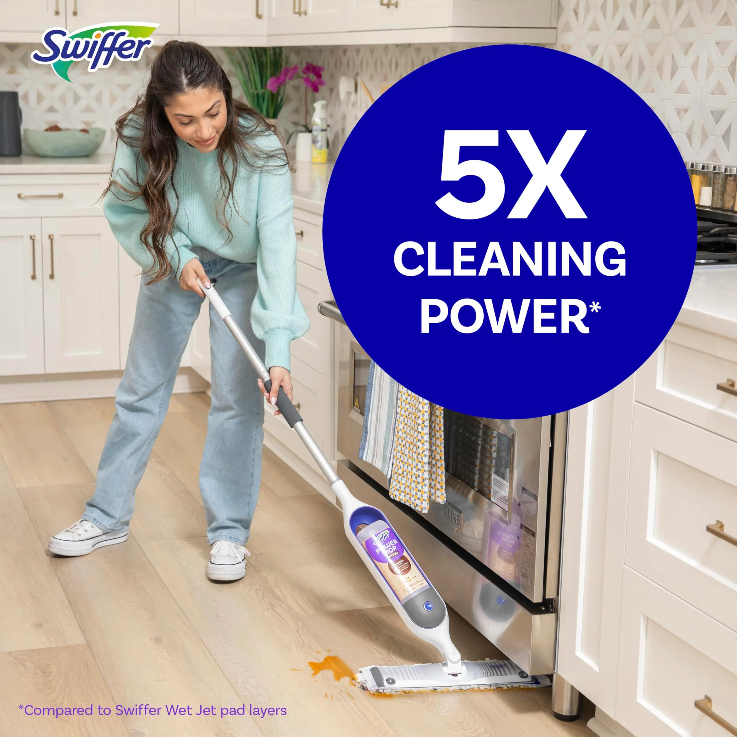Swiffer Power Mop Wood, Hardwood Floor Cleaner for Mopping Home, Bathroom, Kitchen, All Purpose Multi-Surface Cleaning Set includes PowerMop Wood, 2 Pads, 1 QuickDry Lemon Solution, & 2 Batteries - Image 6