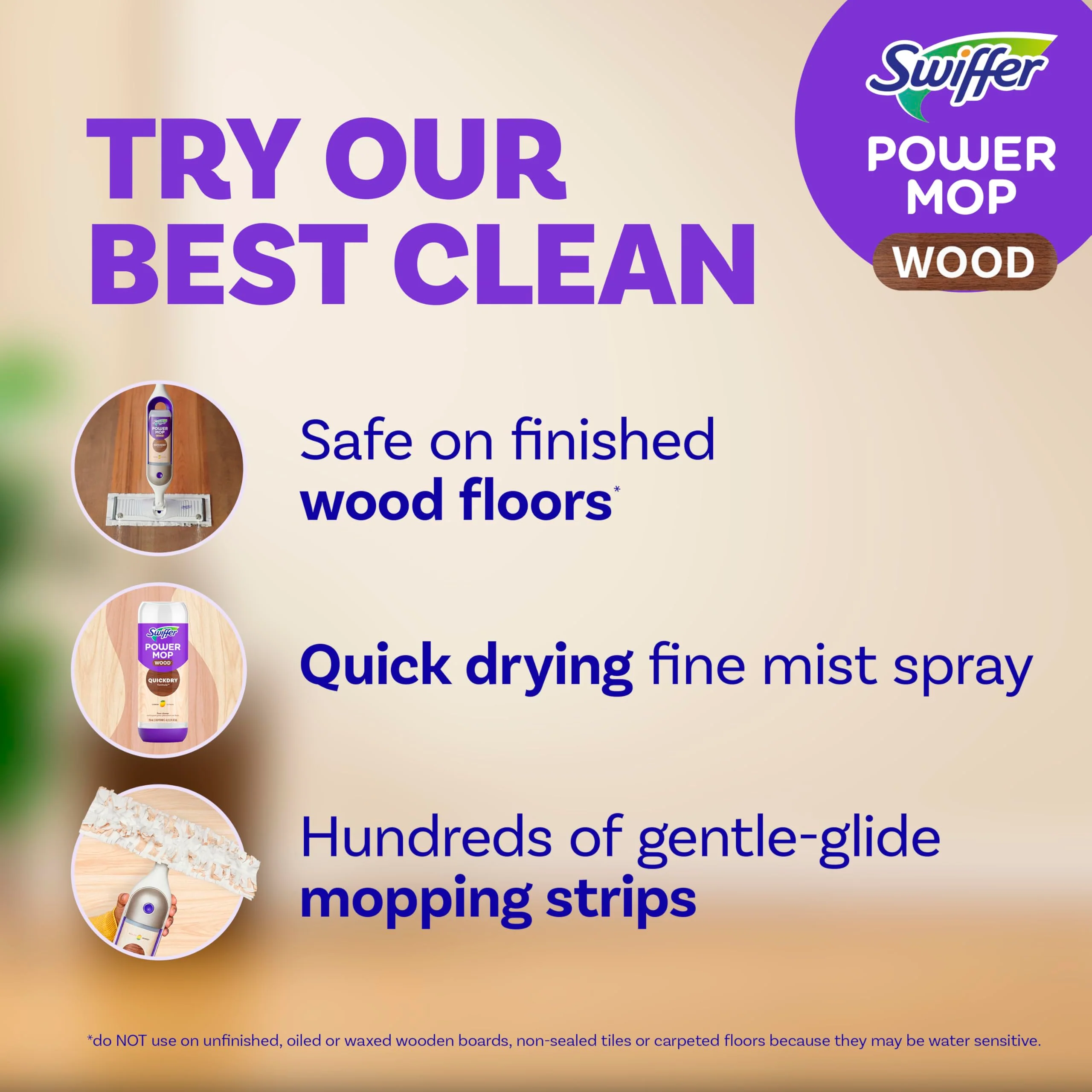 Swiffer Power Mop Wood, Hardwood Floor Cleaner for Mopping Home, Bathroom, Kitchen, All Purpose Multi-Surface Cleaning Set includes PowerMop Wood, 2 Pads, 1 QuickDry Lemon Solution, & 2 Batteries - Image 9