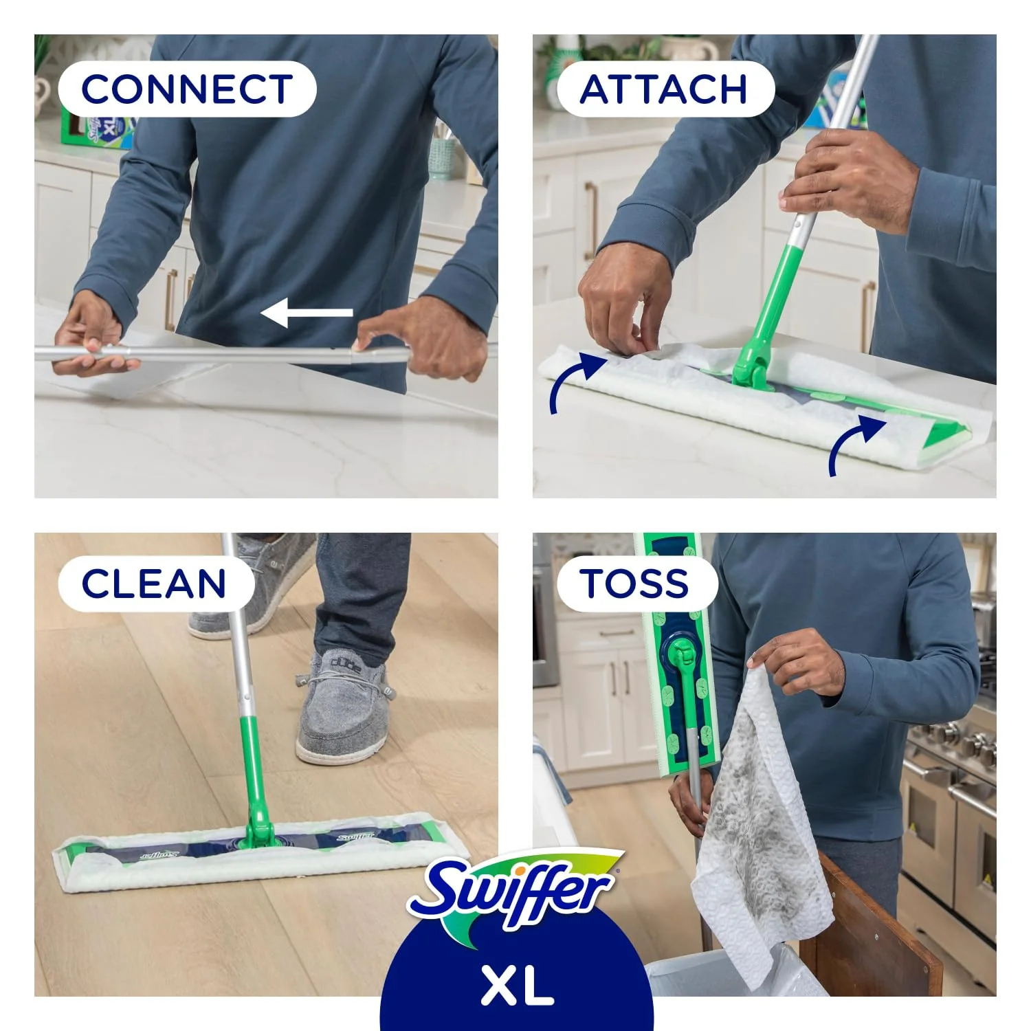 Swiffer Sweep + Mop XL, Broom & Mop Alternative, Floor Cleaner for Dirt, Dust, Hair, All Purpose Cleaning Tool for Home, Bathroom, Kitchen, Set Includes 1 XL Sweeper 8 XL Dry Pads 2 XL Wet Pads Fresh - Image 4