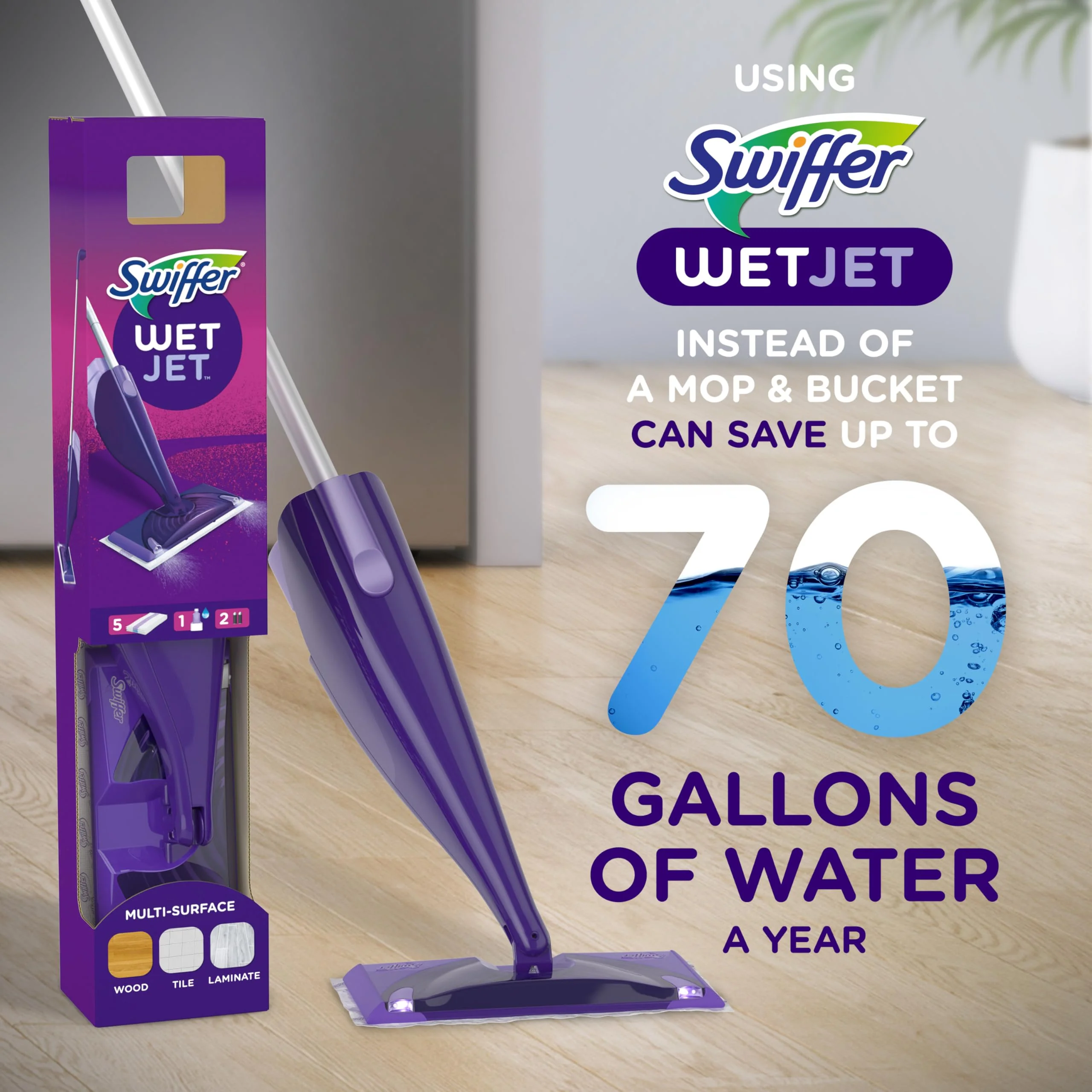 Swiffer WetJet Hardwood and Floor Spray Mop Cleaner Starter Kit, Includes: 1 Power Mop, 10 Pads, Cleaning Solution, Batteries - Image 2