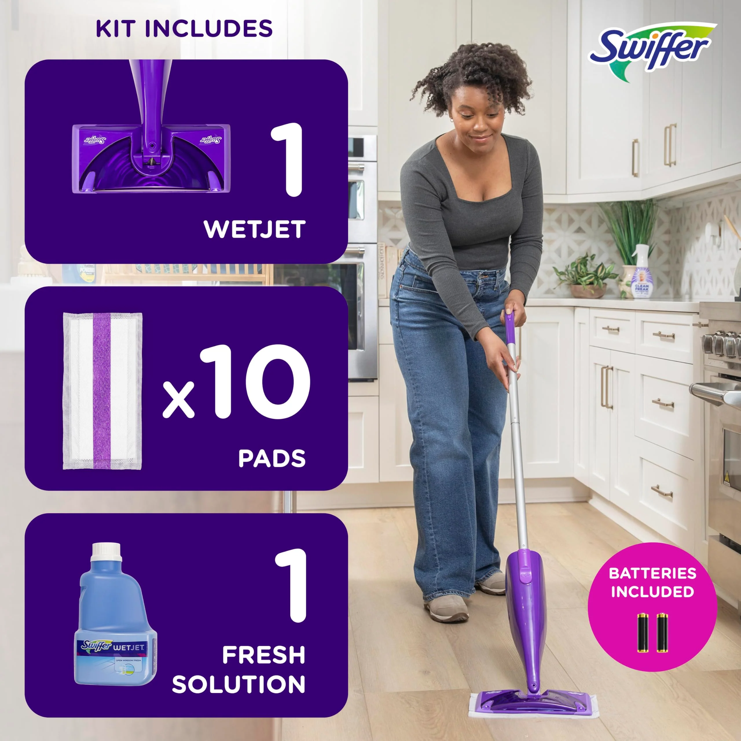 Swiffer WetJet Hardwood and Floor Spray Mop Cleaner Starter Kit, Includes: 1 Power Mop, 10 Pads, Cleaning Solution, Batteries - Image 3