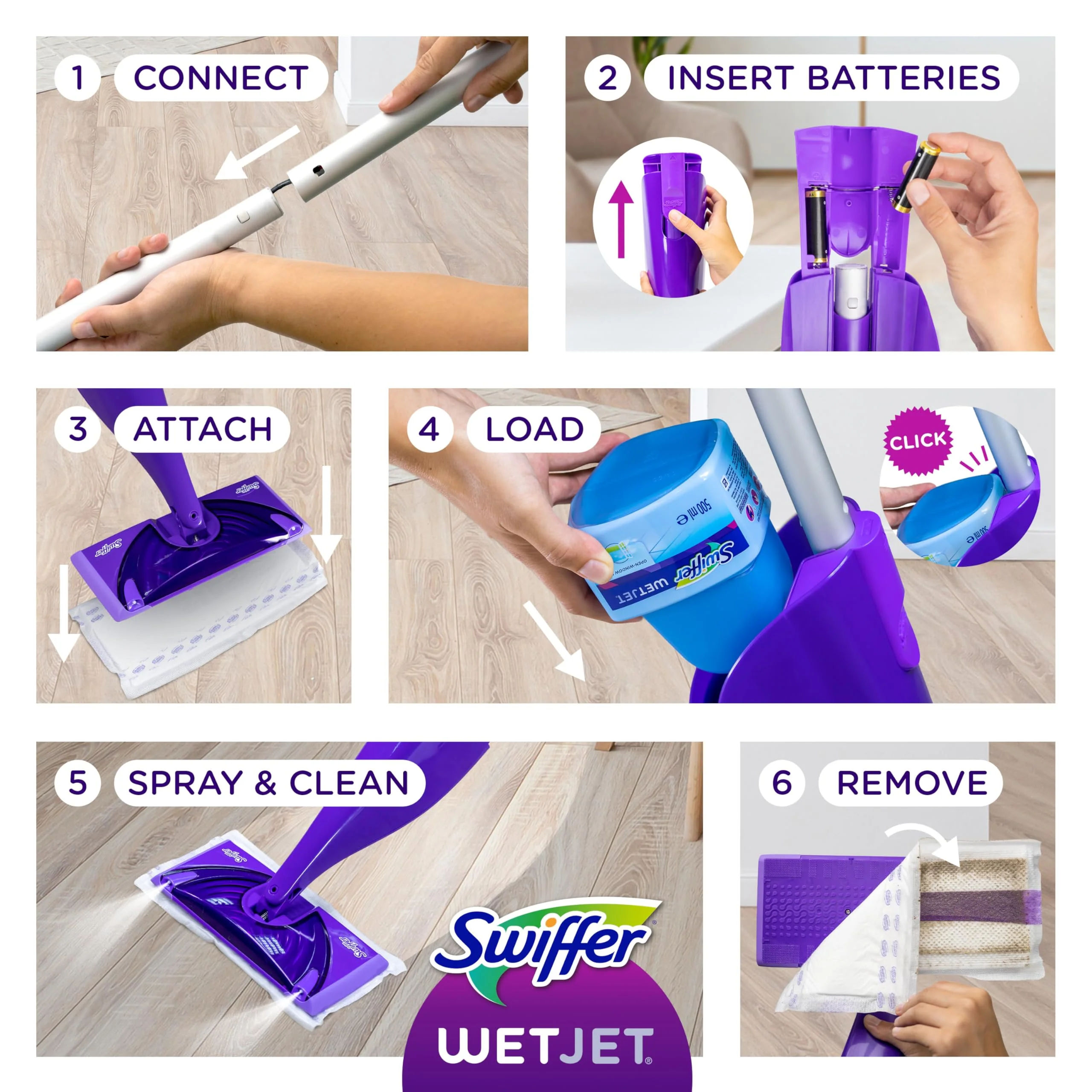 Swiffer WetJet Hardwood and Floor Spray Mop Cleaner Starter Kit, Includes: 1 Power Mop, 10 Pads, Cleaning Solution, Batteries - Image 4
