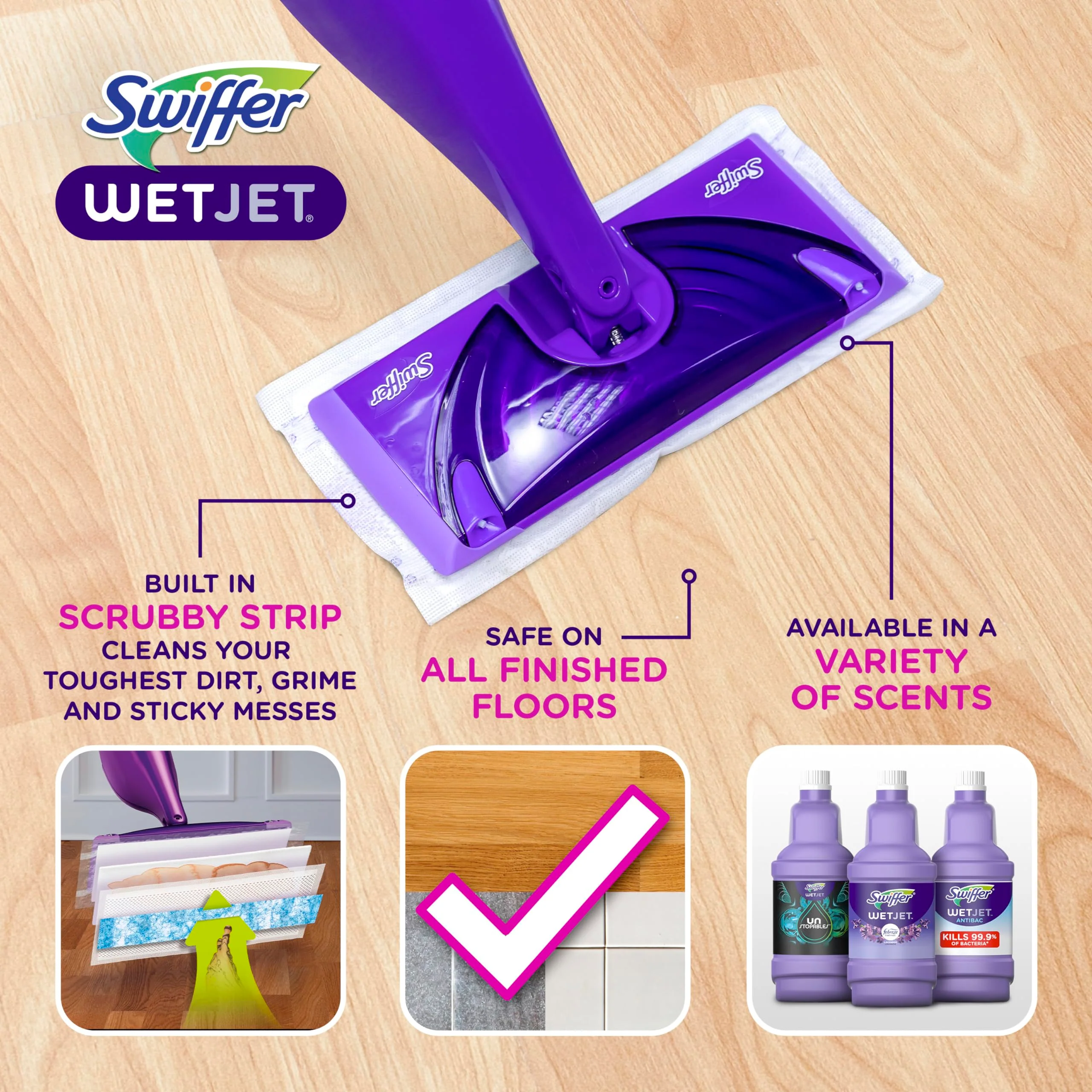 Swiffer WetJet Hardwood and Floor Spray Mop Cleaner Starter Kit, Includes: 1 Power Mop, 10 Pads, Cleaning Solution, Batteries - Image 9