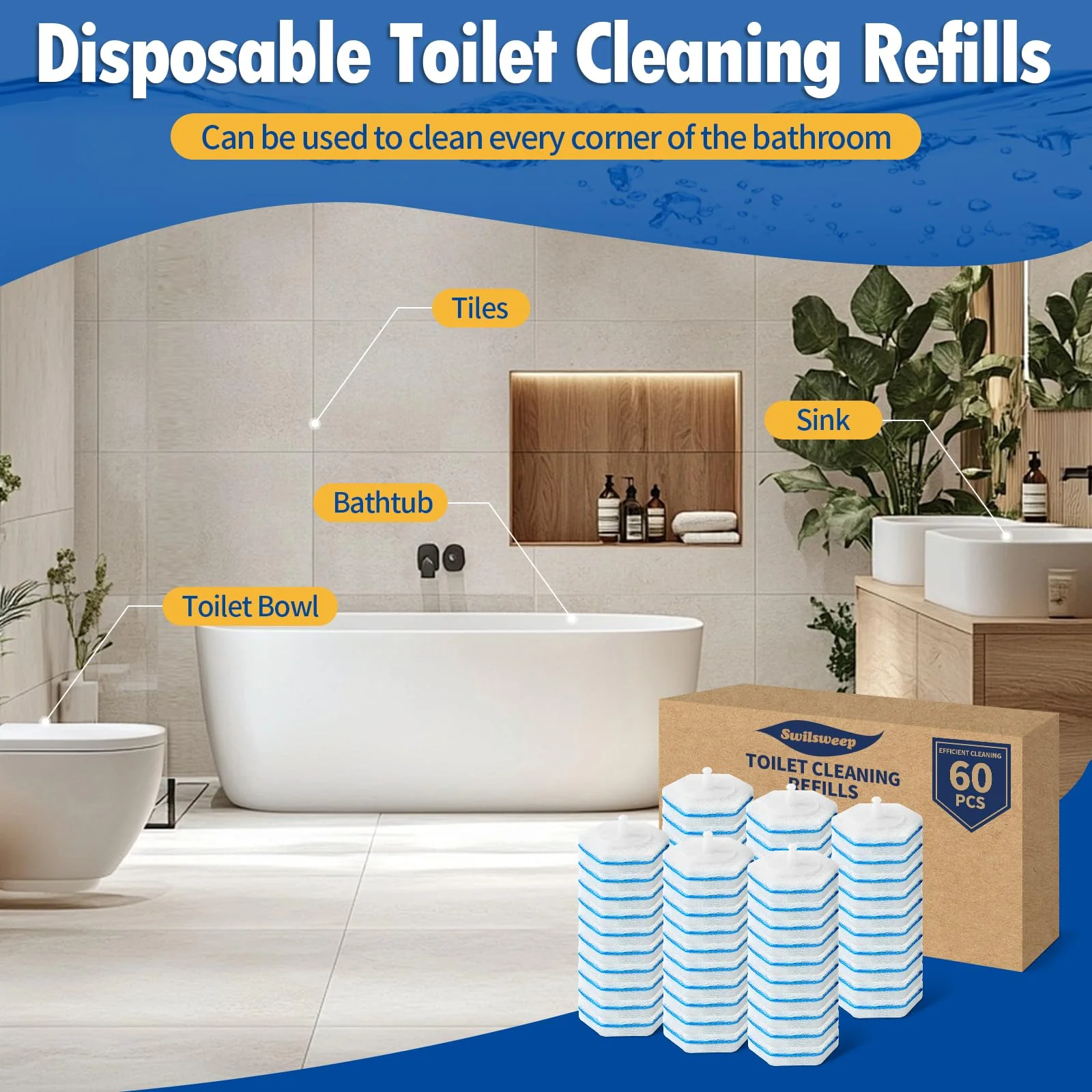 Swilsweep 40 Count Toilet Bowl Wand Refills, Disposable Toilet Cleaner Refills, Disposable Wand Heads Compatible with Clorox and the Most Toilet Brushes - Image 2