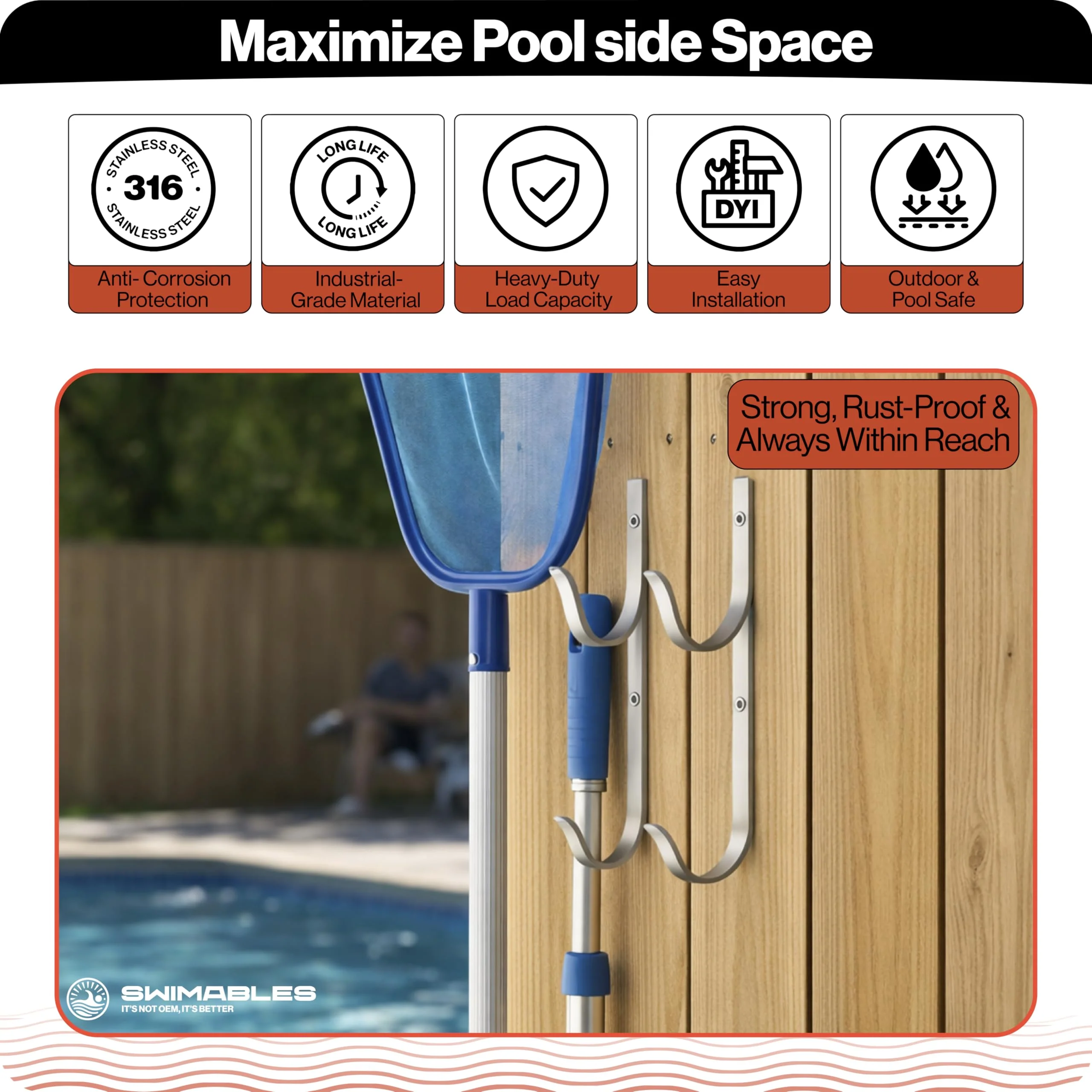 Swimables 316 Stainless Steel Heavy Duty Pool Hooks - Telescopic Pole Hanger - Ideal for Swimming Pool - Designed in USA - Image 2