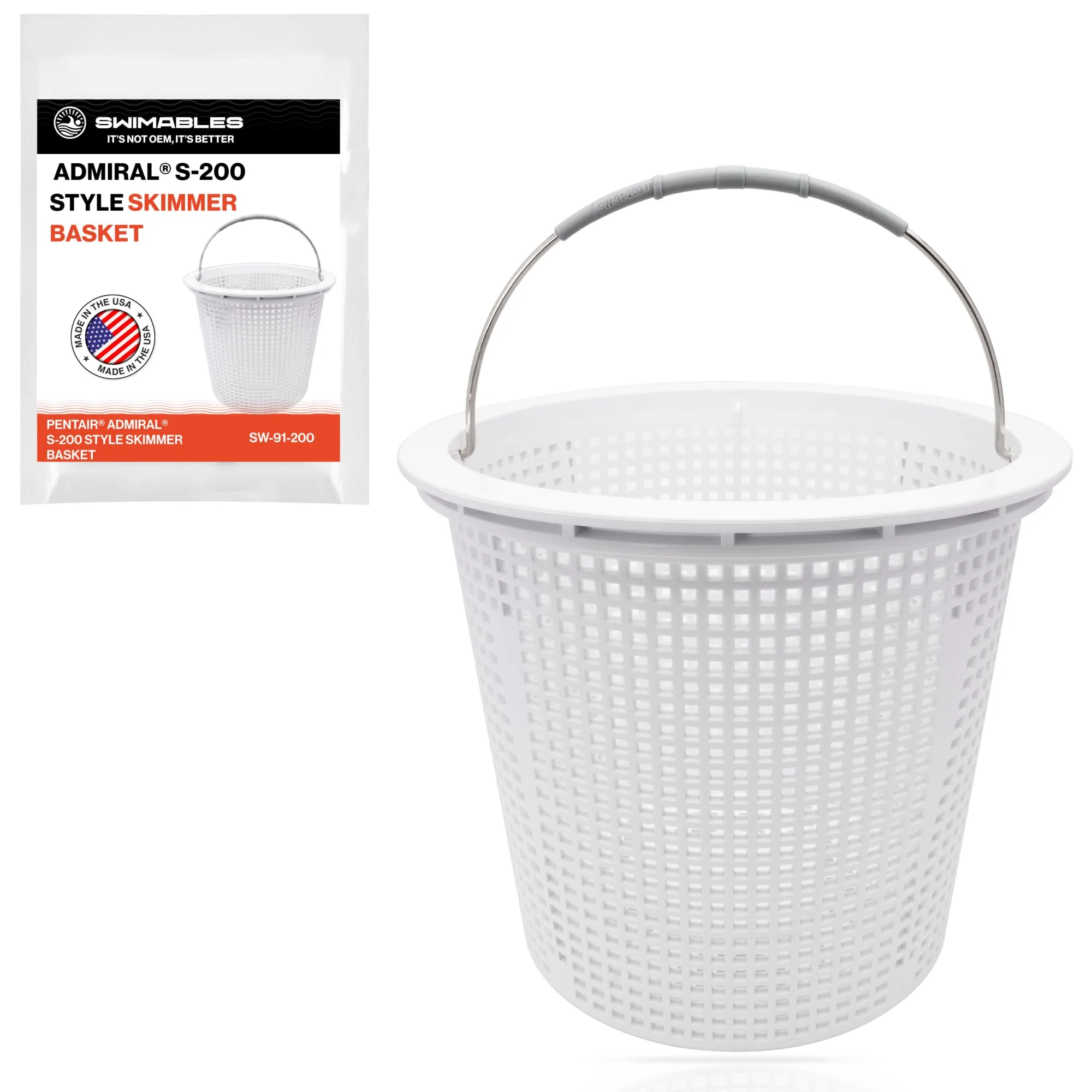 Swimables 8 Inch Skimmer Basket Compatible with Pentair Skimmer Basket 85014500 and S200 Pentair Pool Skimmer Basket | Built-in Brass Weight | 316 Stainless Steel Handle & Convenient Rubber Grip