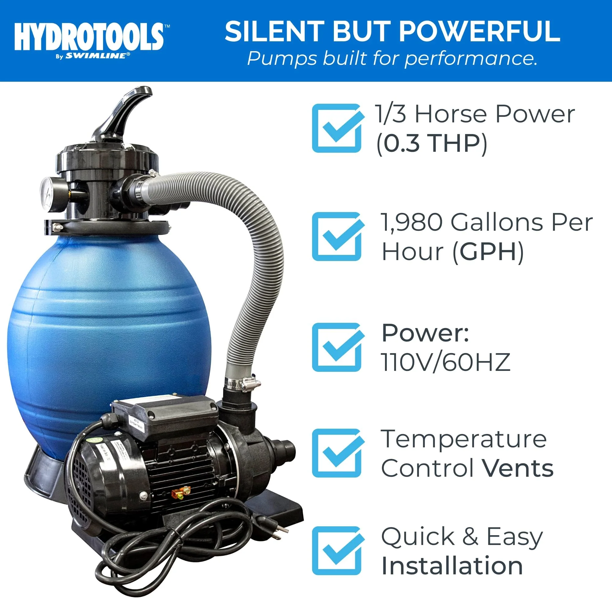 SWIMLINE HYDROTOOLS Complete Sand Filter System, 12" Tank - for Above-Ground Pools Up to 8,000 Gallons, Single Speed Pump, 0.3 THP, 1,980 GPH, 4-Way Multi-Port Valve, 42 lb Capacity - Image 6