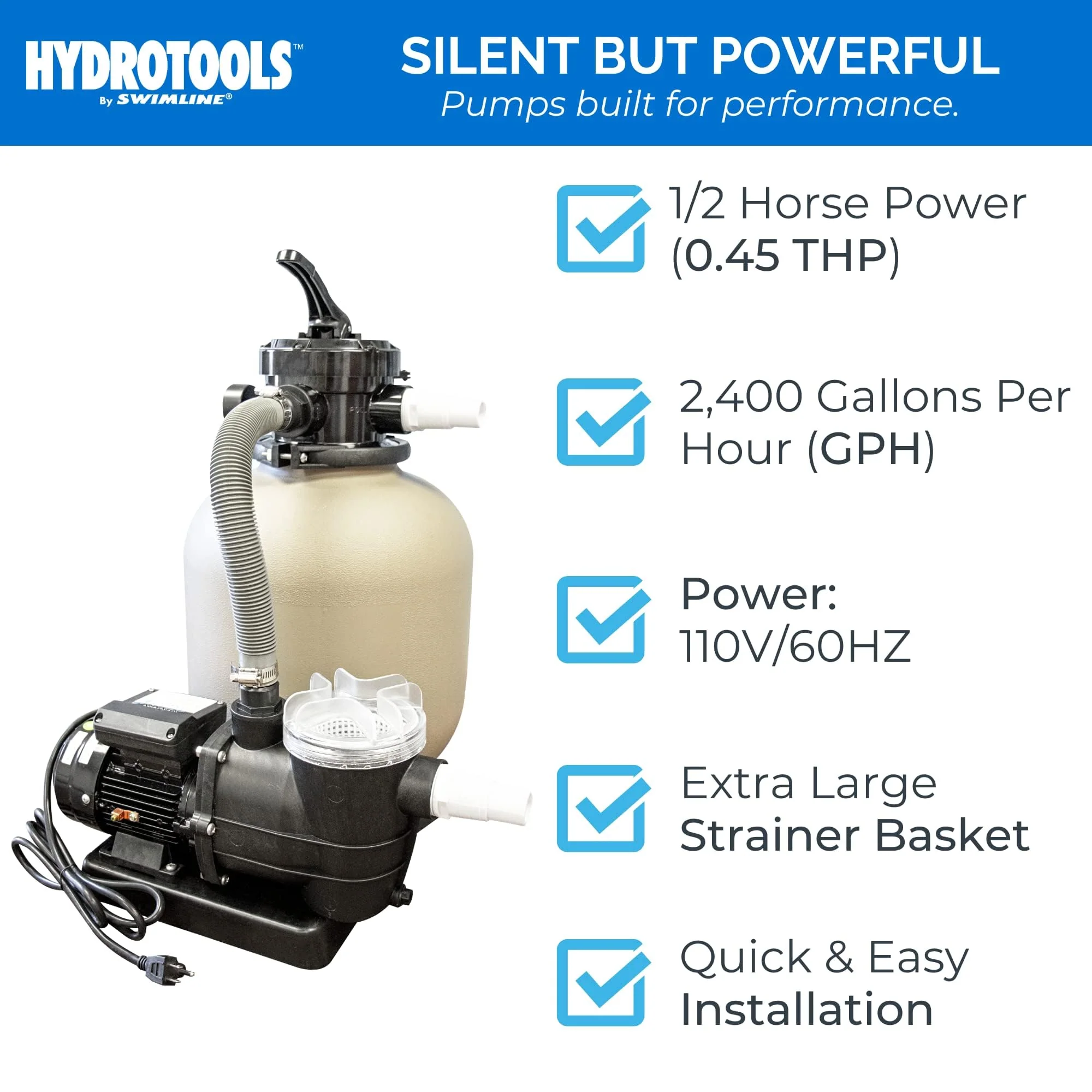 SWIMLINE HYDROTOOLS Complete Sand Filter System, 14" Tank - for Above-Ground & Inground Pools Up to 10,500 Gallons, Single Speed Pump, 0.45 THP, 2,400 GPH, 4-Way Multi-Port Valve, 60 lb Capacity - Image 6