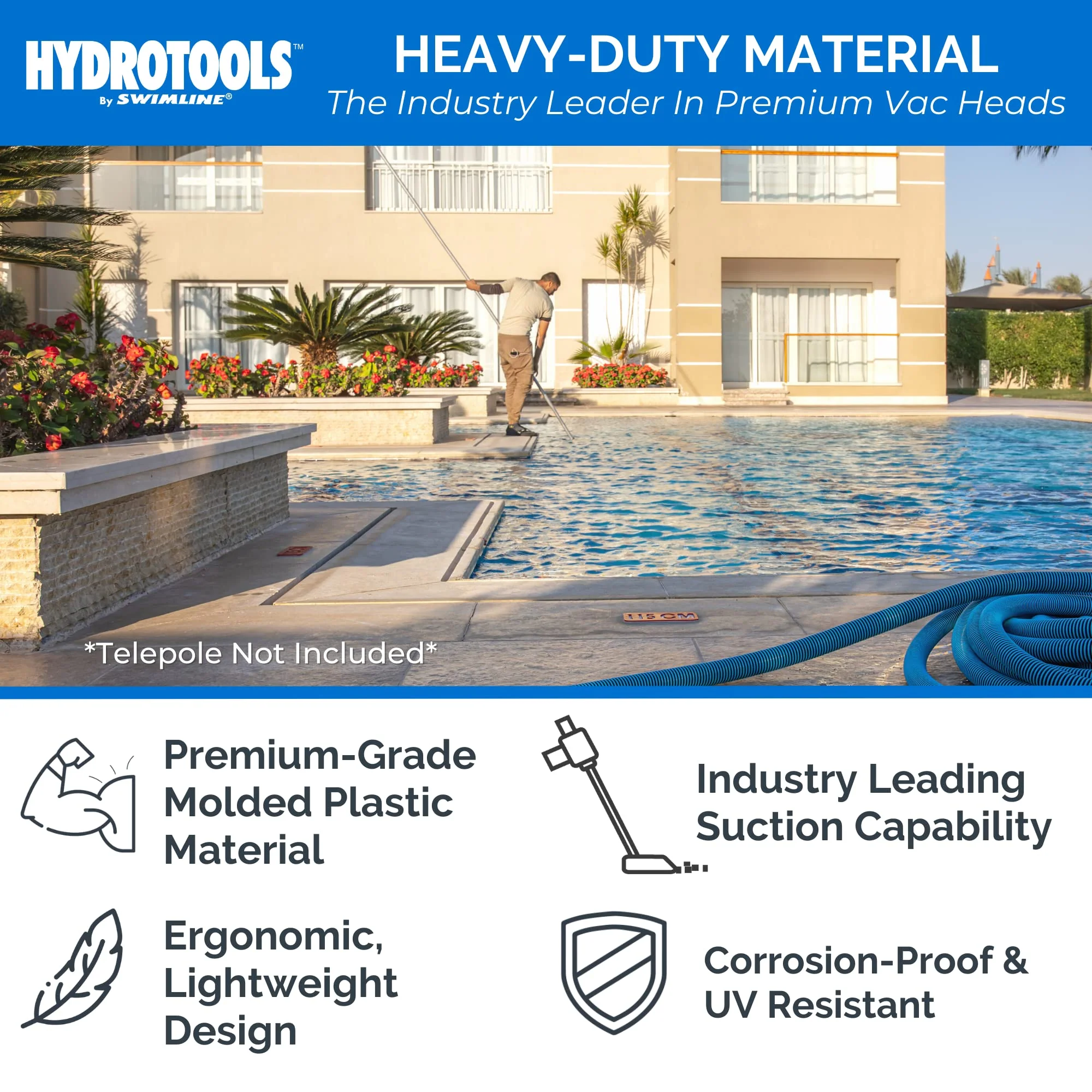 SWIMLINE HYDROTOOLS Manual Vacuum Head Attachment For Inground & Above Ground Pools |Weighted Flexible Swimming Pool Vac Head Rectangle Shape W/ Wheels| Swivel Hose 1-1/4 or 1-1/2’’| Clean 8150 - Image 3