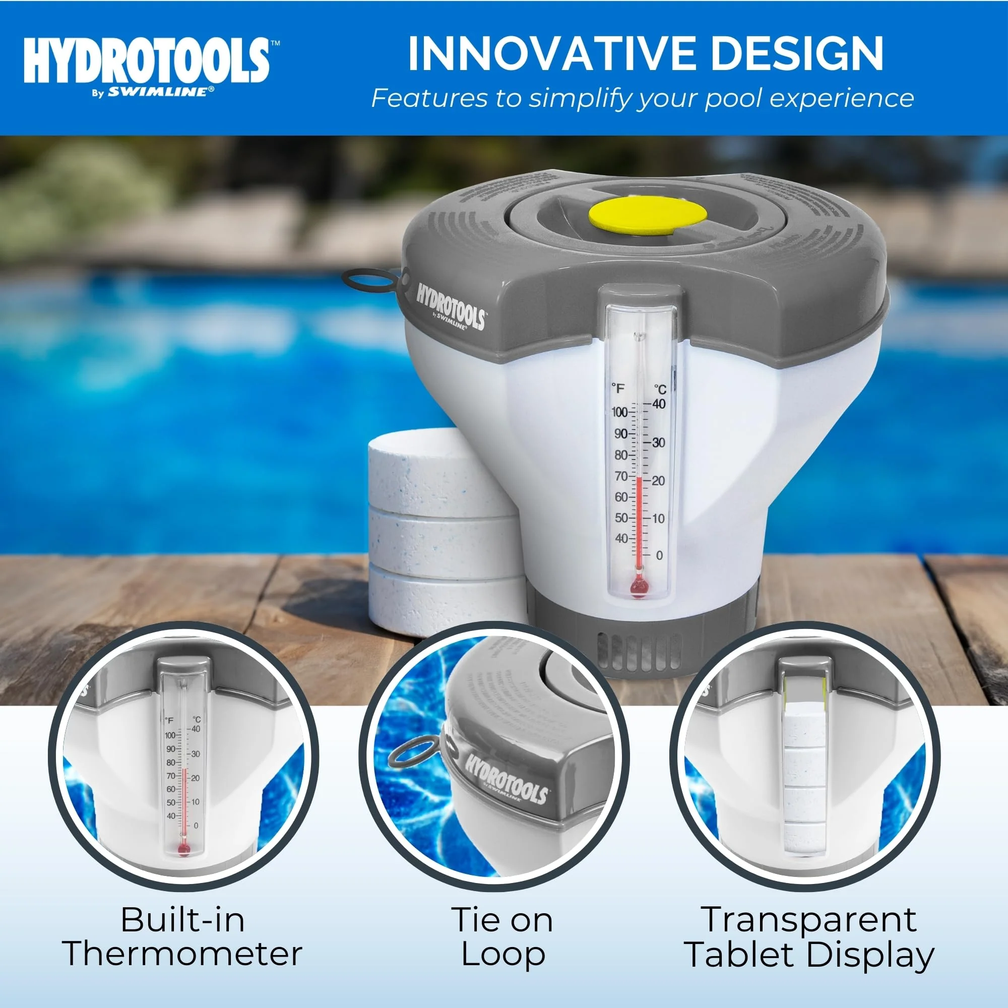 SWIMLINE HYDROTOOLS Smart Chlorine Floater Dispenser for Above Ground & Inground Pools Spas W/Thermometer | Tablet Refill Indicator & Tongs | Large Adjustable Floating 3-Inch Chlorine Bromine Tabs - Image 5