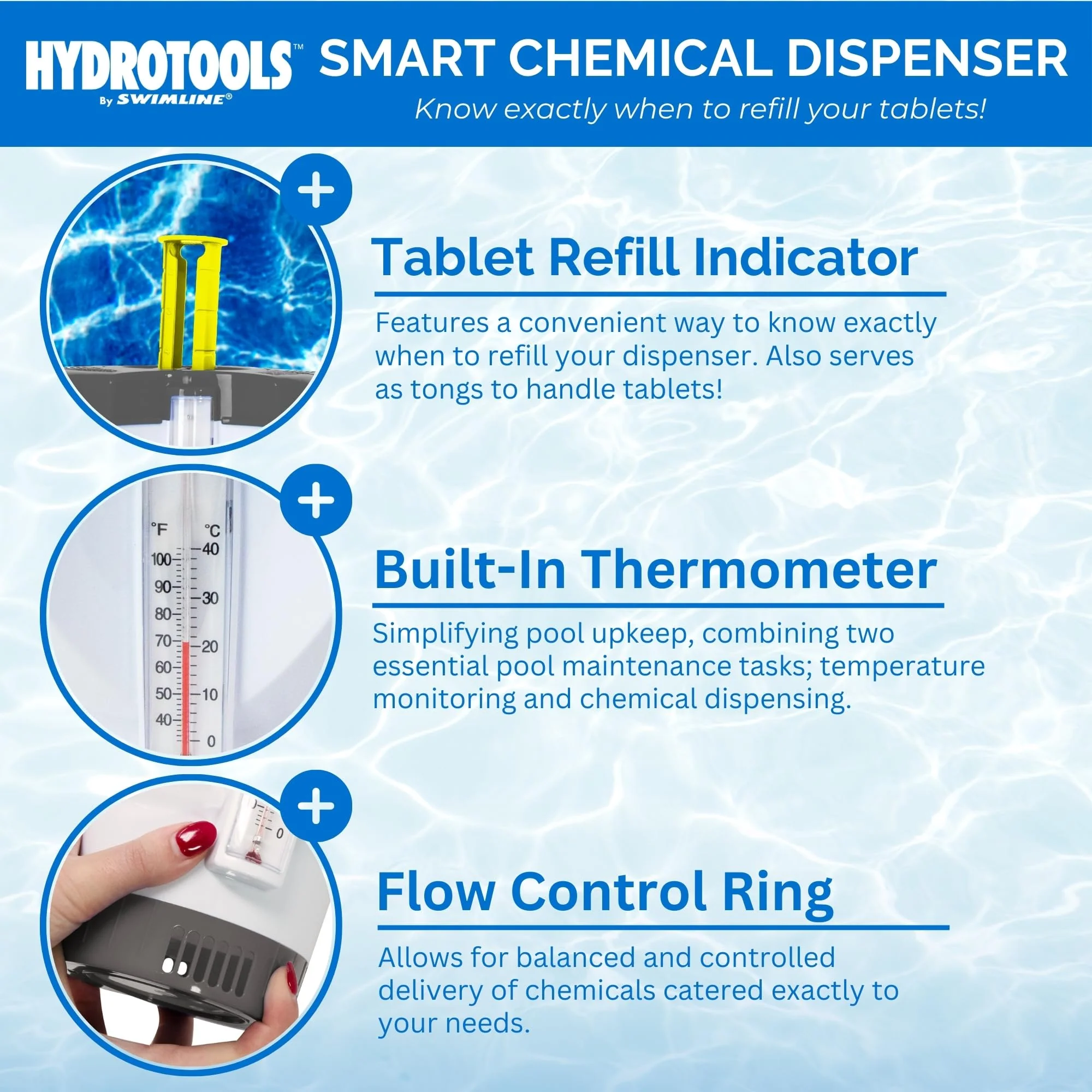 SWIMLINE HYDROTOOLS Smart Chlorine Floater Dispenser for Above Ground & Inground Pools Spas W/Thermometer | Tablet Refill Indicator & Tongs | Large Adjustable Floating 3-Inch Chlorine Bromine Tabs - Image 7