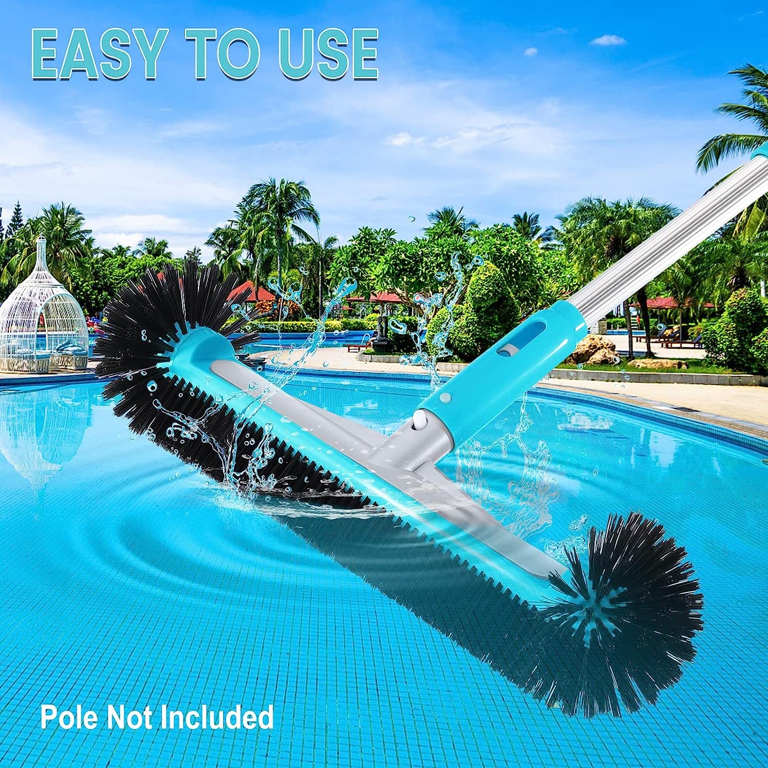 Swimming Pool Brush Head with Round Ends,17.5" Heavy Duty Aluminum Back Head for Cleans Walls, Tiles & Floors, 7 Rows Premium Nylon Bristles with EZ Clips (Blue Black) - Image 3