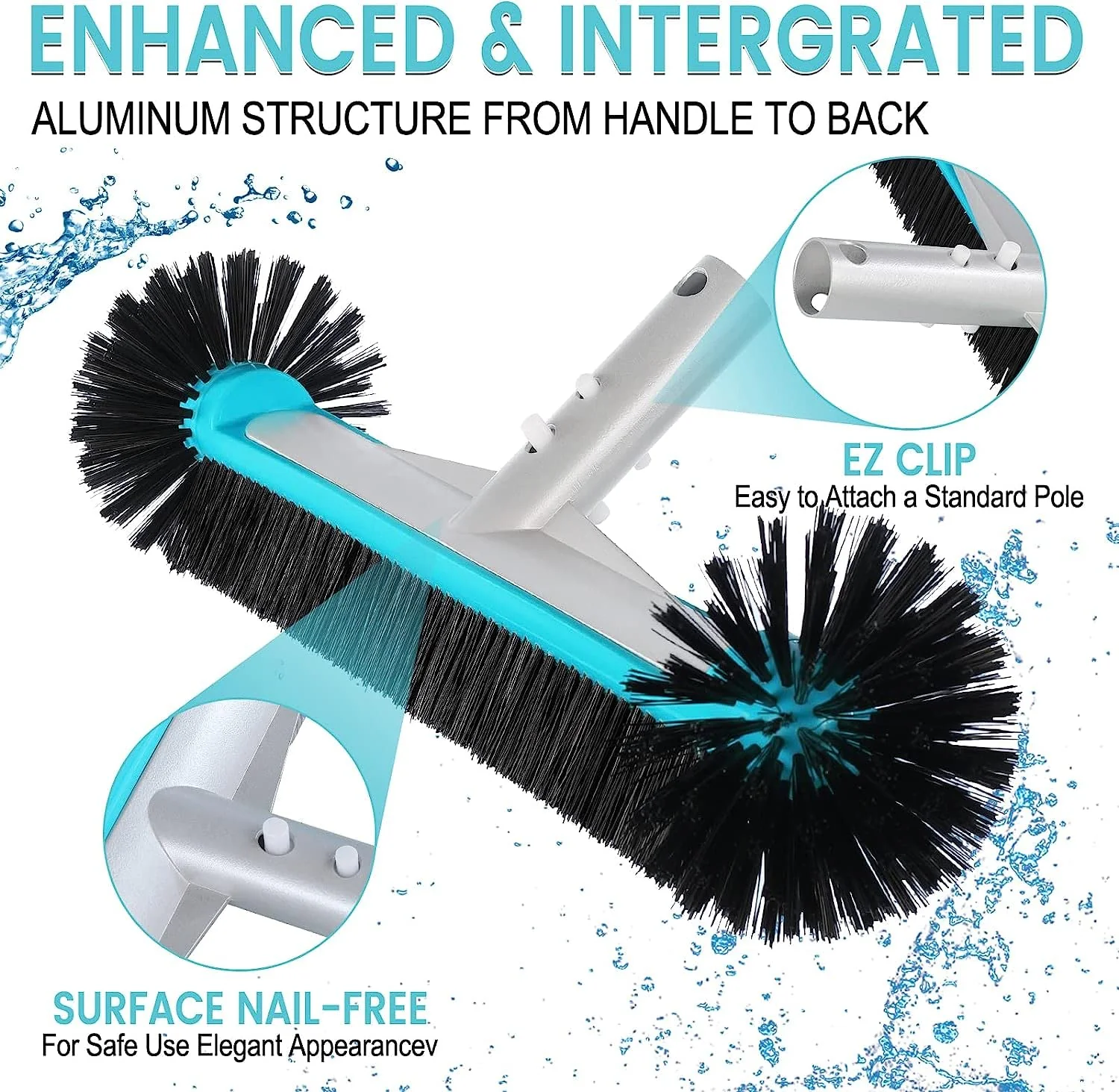Swimming Pool Brush Head with Round Ends,17.5" Heavy Duty Aluminum Back Head for Cleans Walls, Tiles & Floors, 7 Rows Premium Nylon Bristles with EZ Clips (Blue Black) - Image 4