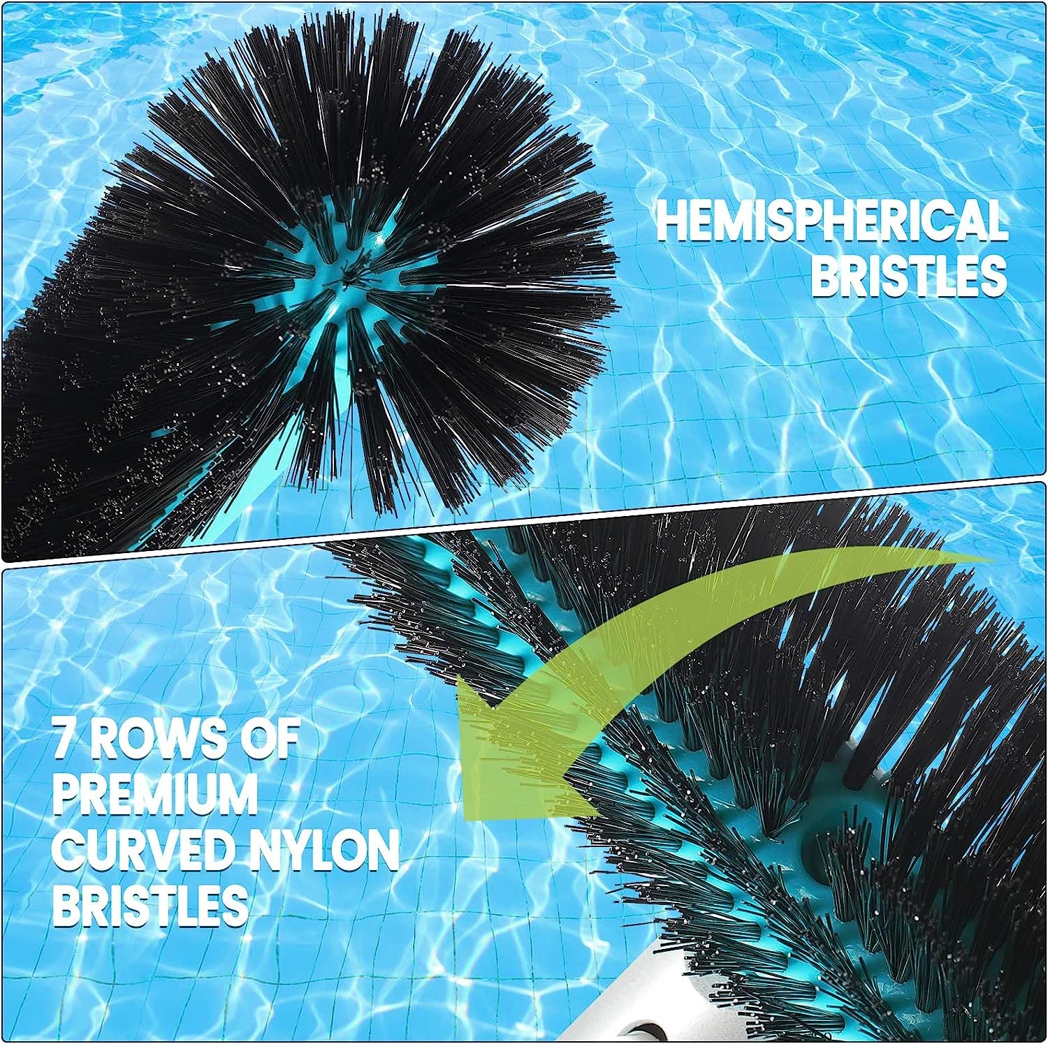 Swimming Pool Brush Head with Round Ends,17.5" Heavy Duty Aluminum Back Head for Cleans Walls, Tiles & Floors, 7 Rows Premium Nylon Bristles with EZ Clips (Blue Black) - Image 5