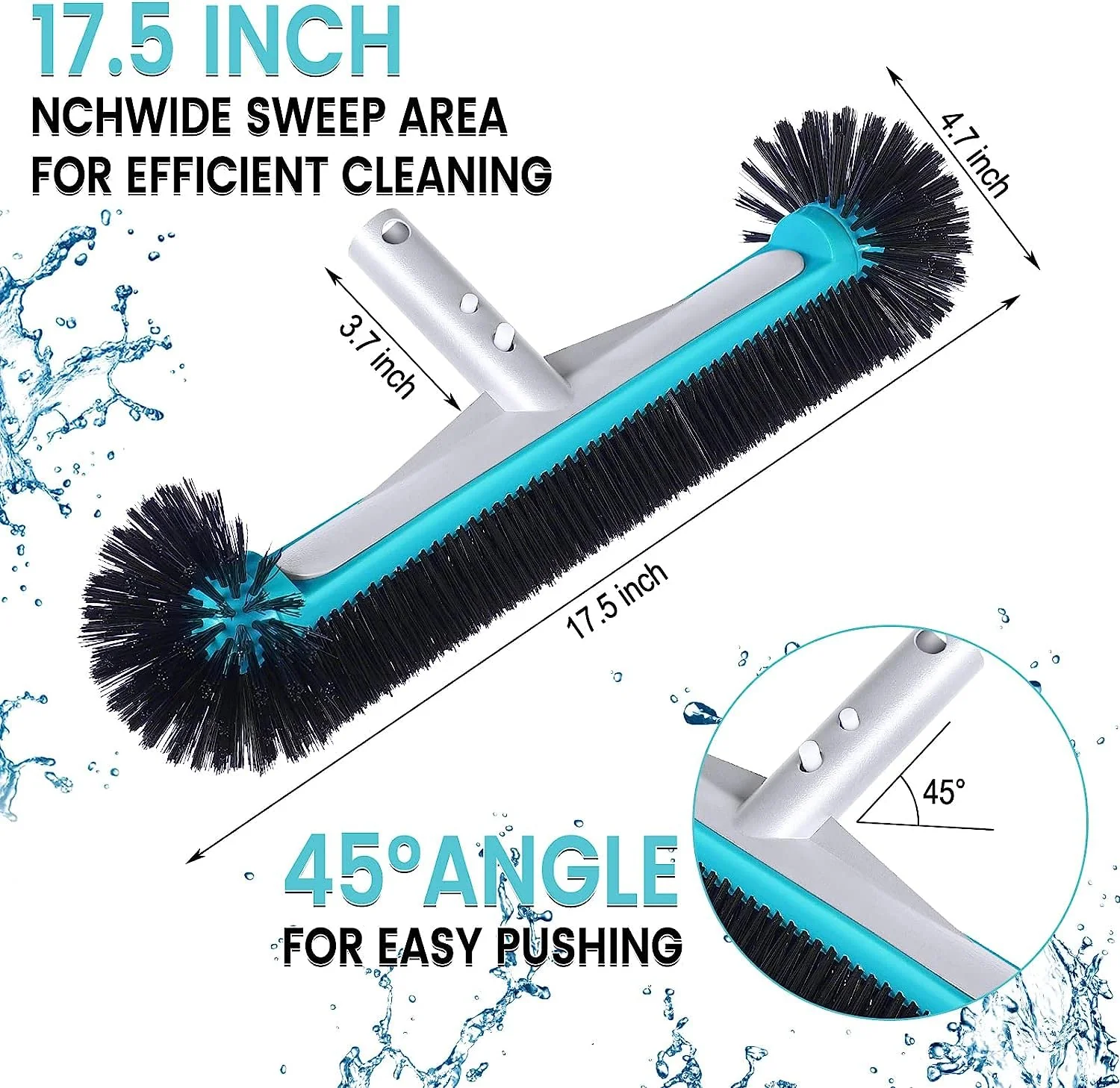 Swimming Pool Brush Head with Round Ends,17.5" Heavy Duty Aluminum Back Head for Cleans Walls, Tiles & Floors, 7 Rows Premium Nylon Bristles with EZ Clips (Blue Black) - Image 6