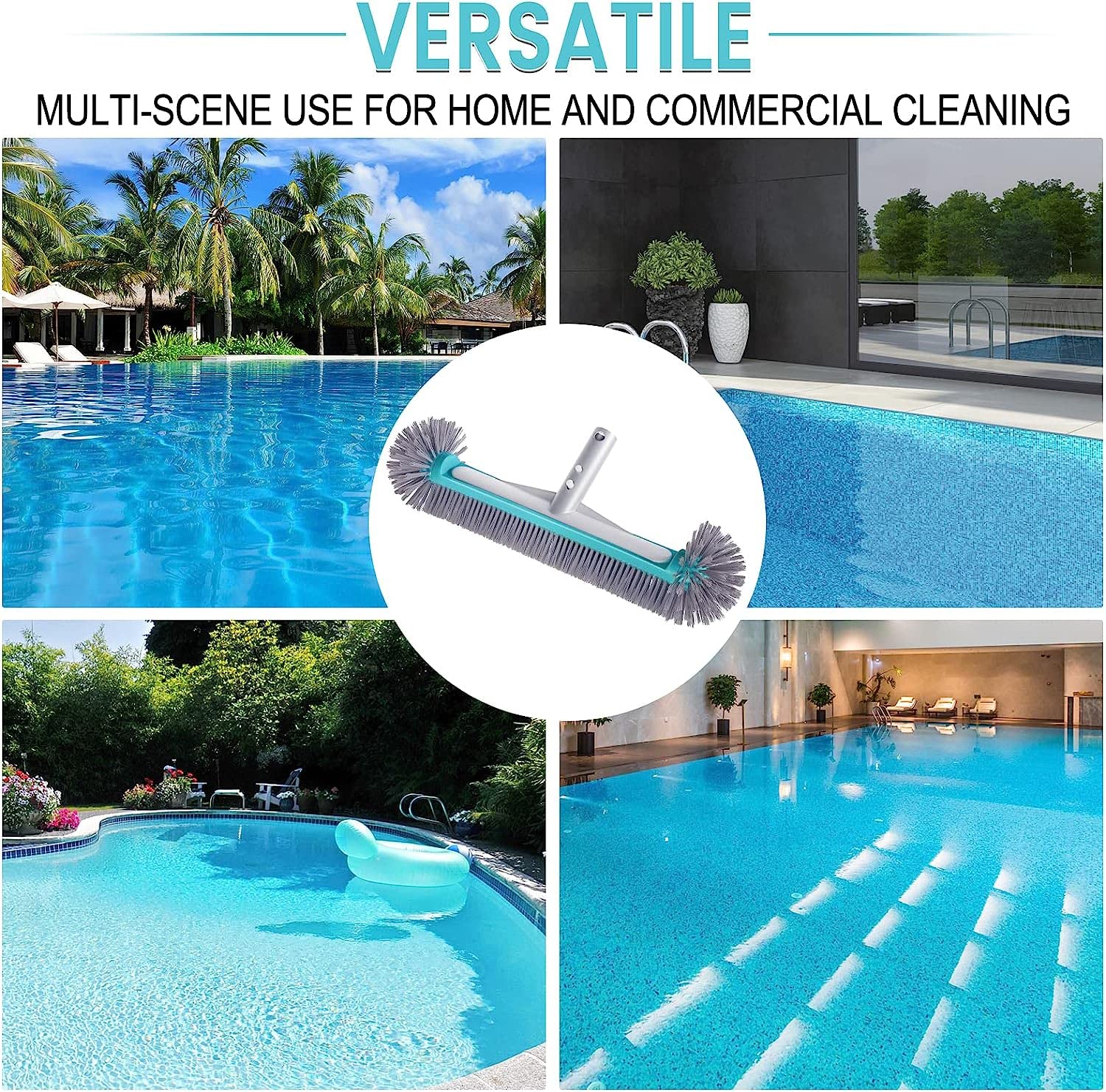Swimming Pool Brush Head with Round Ends,17.5" Heavy Duty Aluminum Back Head for Cleans Walls, Tiles & Floors, 7 Rows Premium Nylon Bristles with EZ Clips (Blue Grey) - Image 2