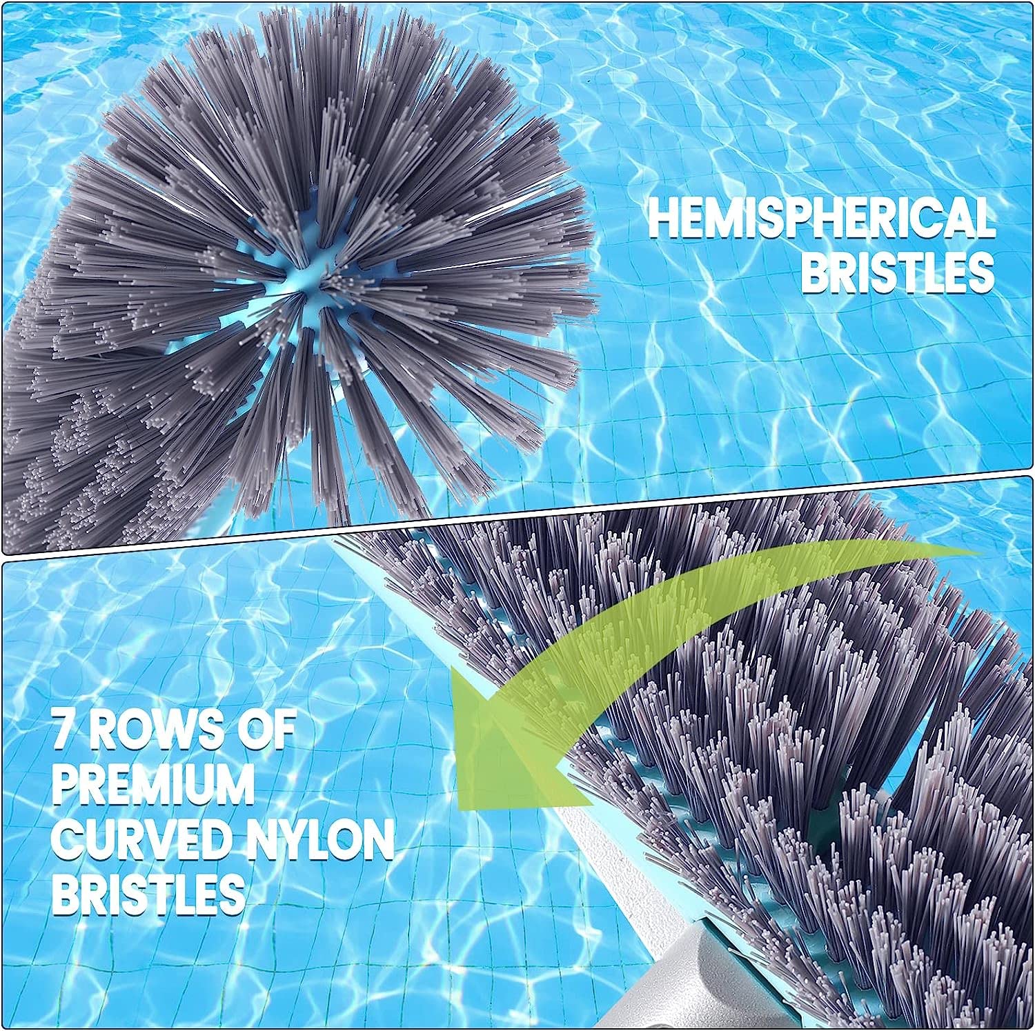 Swimming Pool Brush Head with Round Ends,17.5" Heavy Duty Aluminum Back Head for Cleans Walls, Tiles & Floors, 7 Rows Premium Nylon Bristles with EZ Clips (Blue Grey) - Image 5