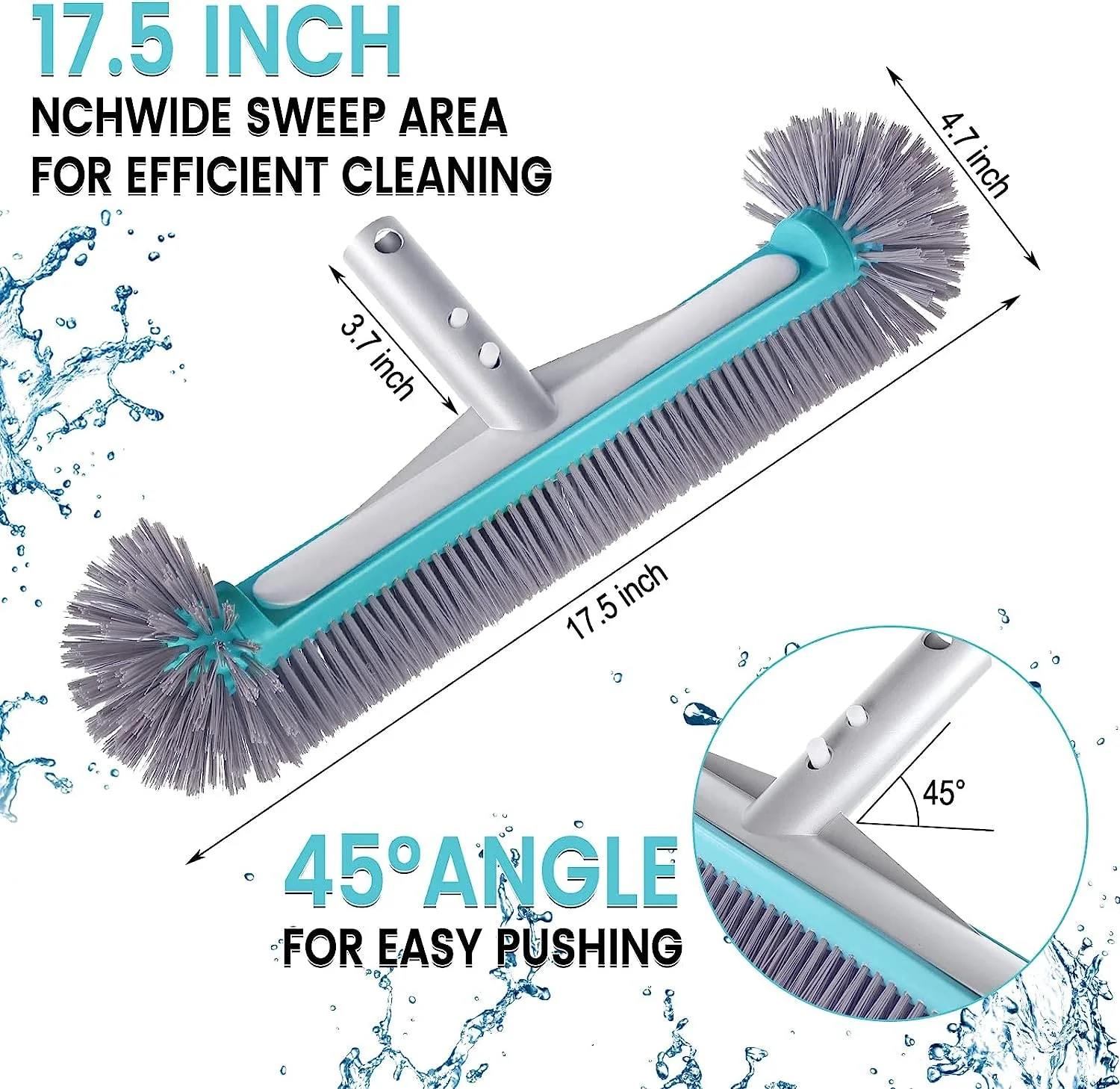 Swimming Pool Brush Head with Round Ends,17.5" Heavy Duty Aluminum Back Head for Cleans Walls, Tiles & Floors, 7 Rows Premium Nylon Bristles with EZ Clips (Blue Grey) - Image 6