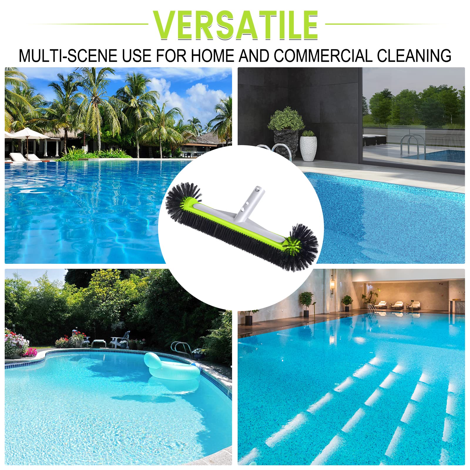 Swimming Pool Brush Head with Round Ends,17.5" Heavy Duty Aluminum Back Head for Cleans Walls, Tiles & Floors, 7 Rows Premium Nylon Bristles with EZ Clips (Green Black) - Image 2