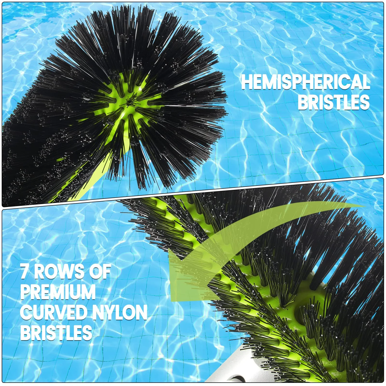 Swimming Pool Brush Head with Round Ends,17.5" Heavy Duty Aluminum Back Head for Cleans Walls, Tiles & Floors, 7 Rows Premium Nylon Bristles with EZ Clips (Green Black) - Image 5